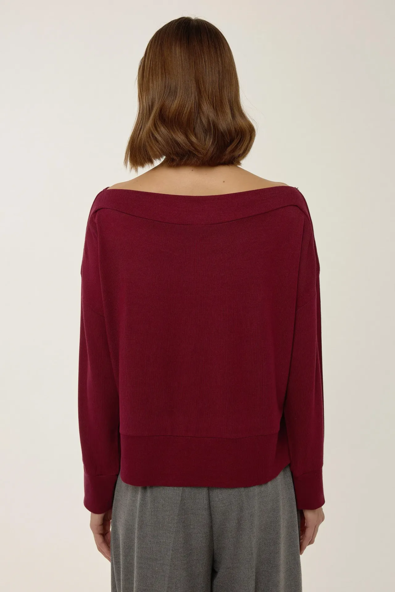 Ribbed Boat Neck Blouse with Drop Sleeves