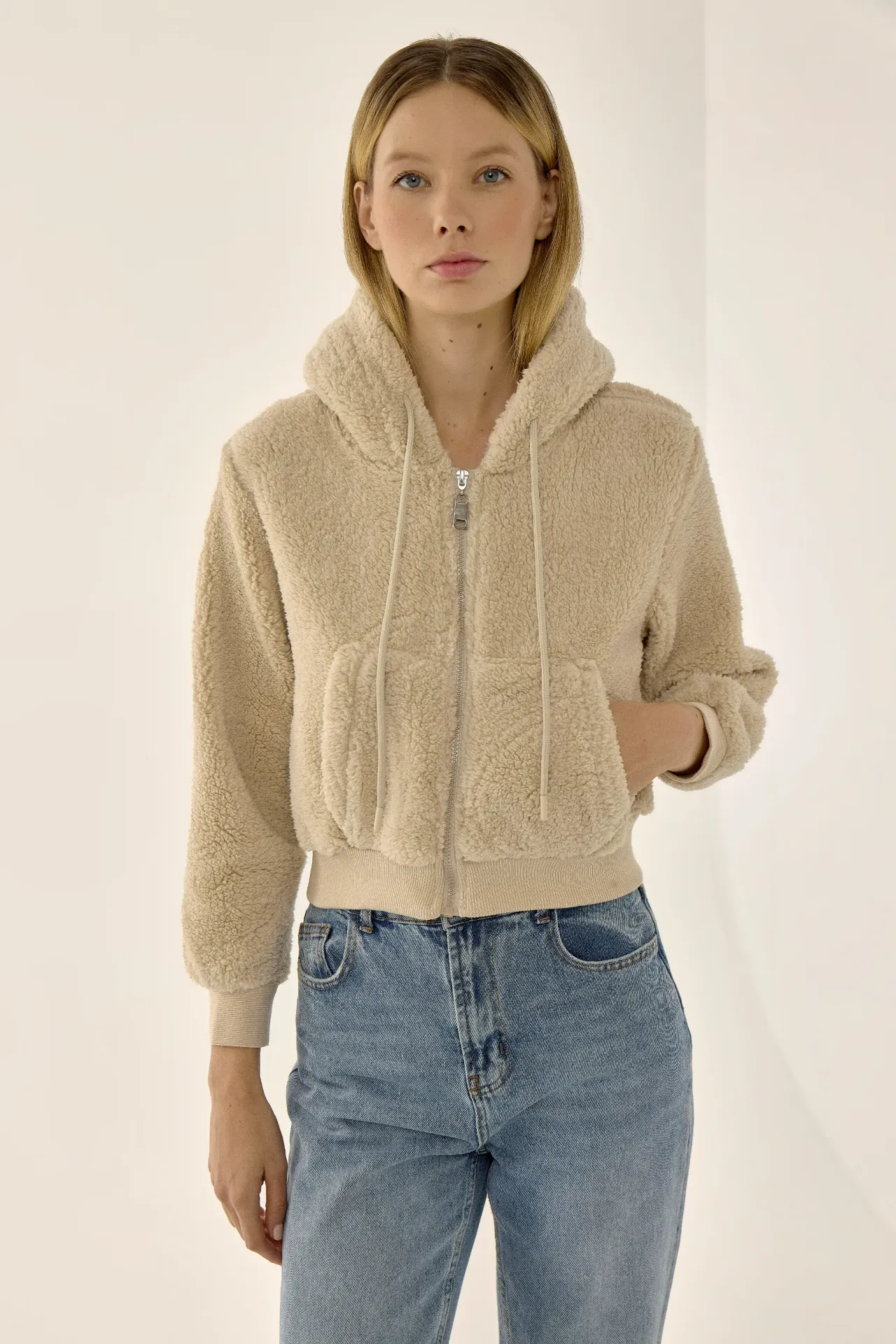 Plush Crop Jacket with Zipper Collar