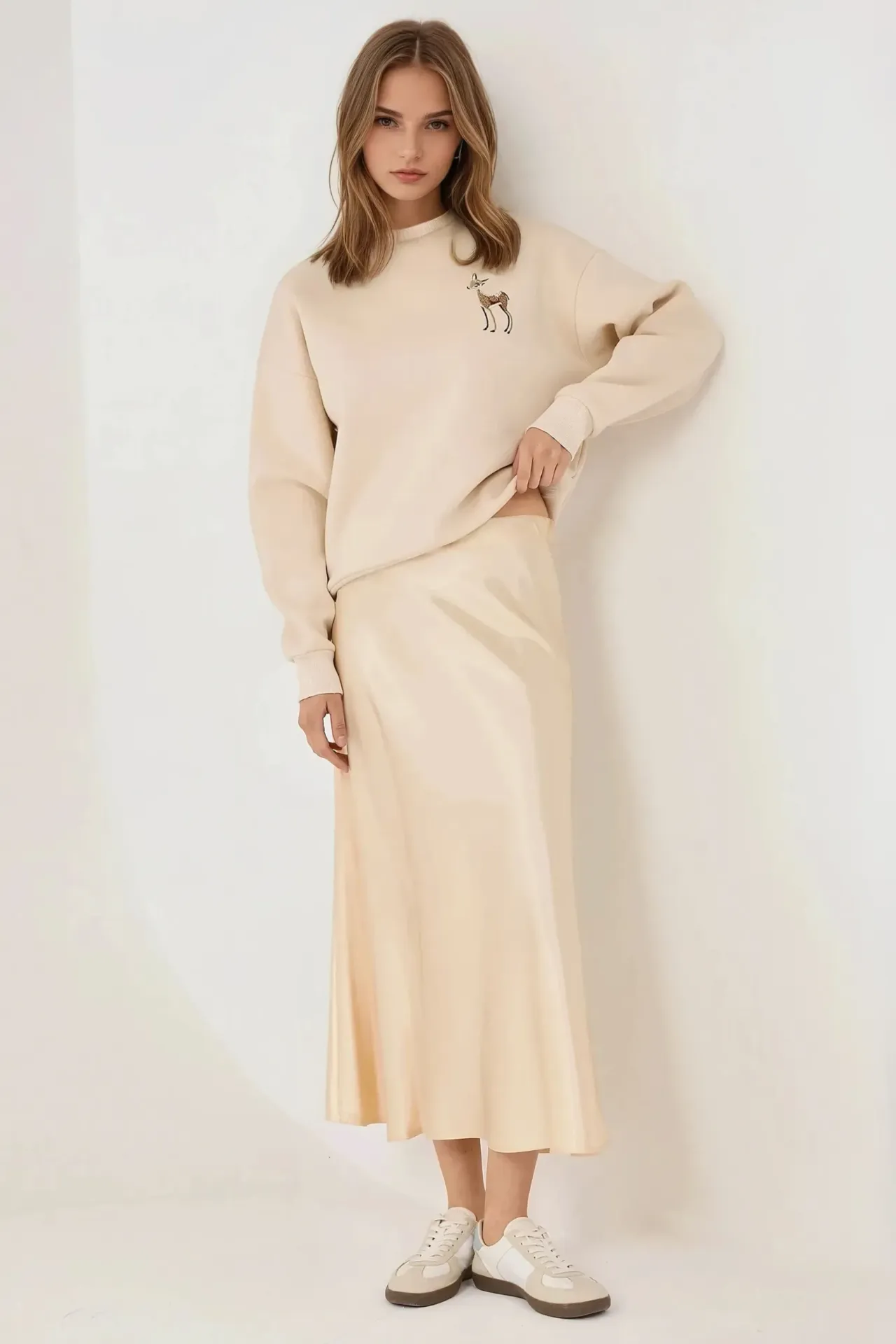 High-Waist Satin Midi Skirt