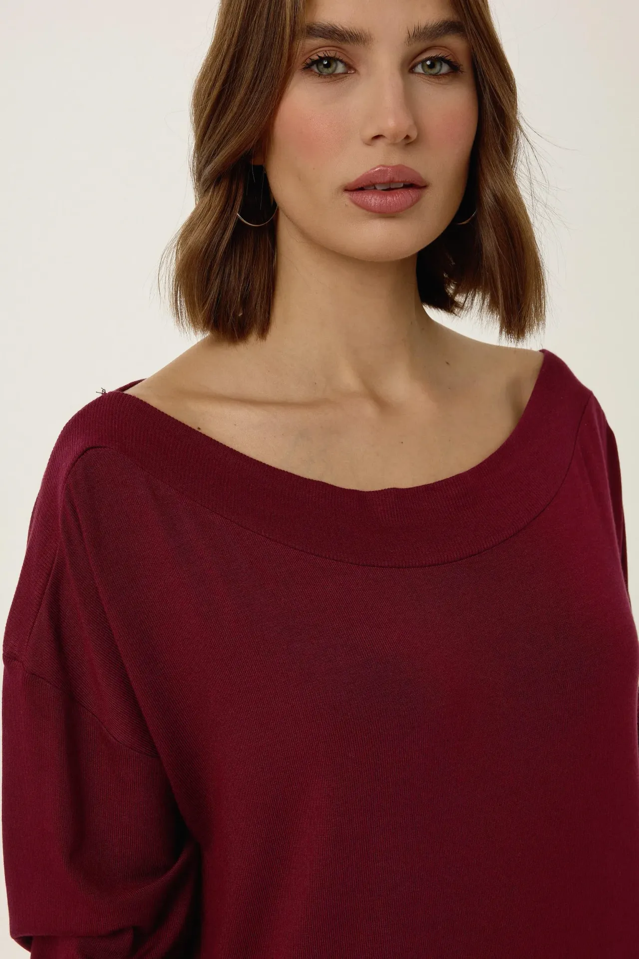 Ribbed Boat Neck Blouse with Drop Sleeves