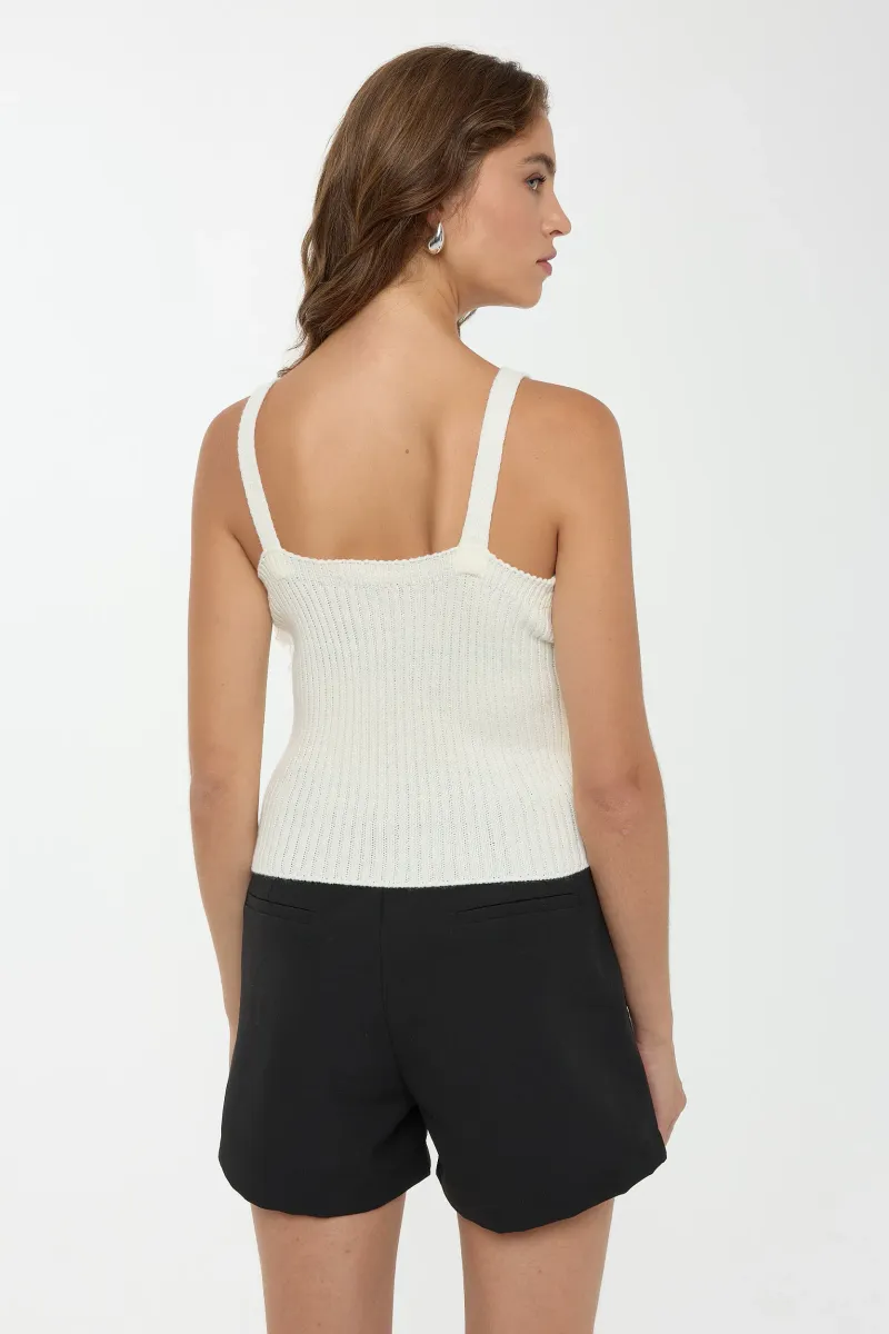 Slim Fit Square Neck Ribbed Knit Top with Fringe Detail 4