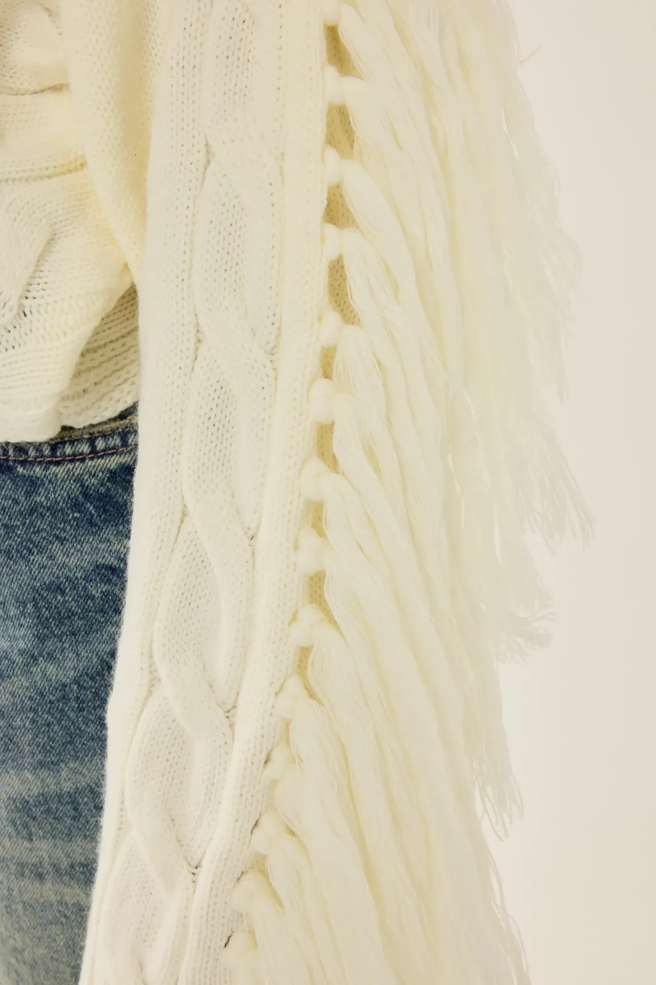 Off Shoulder Textured Knit Sweater with Tassels