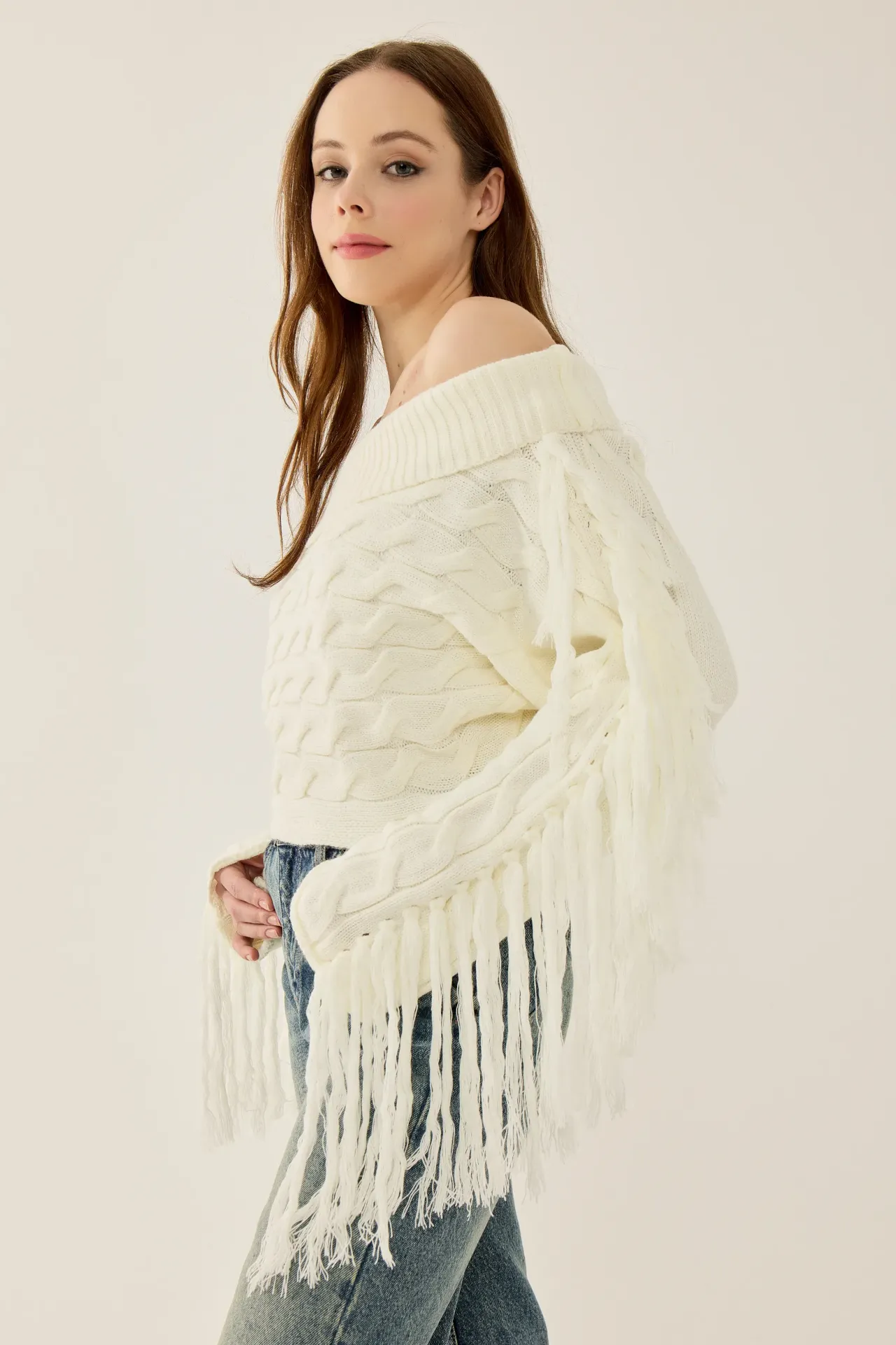 Off Shoulder Textured Knit Sweater with Tassels