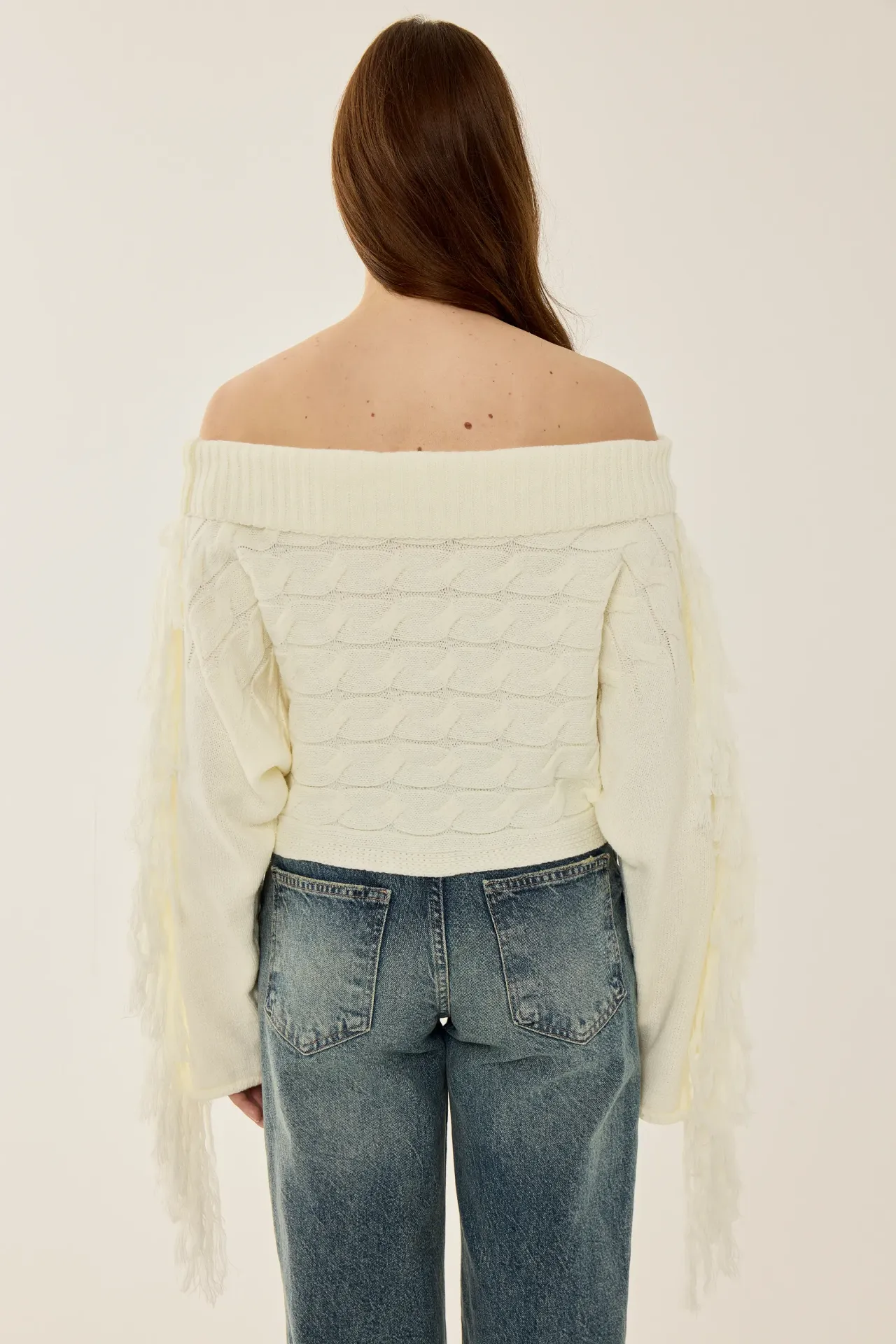 Off Shoulder Textured Knit Sweater with Tassels