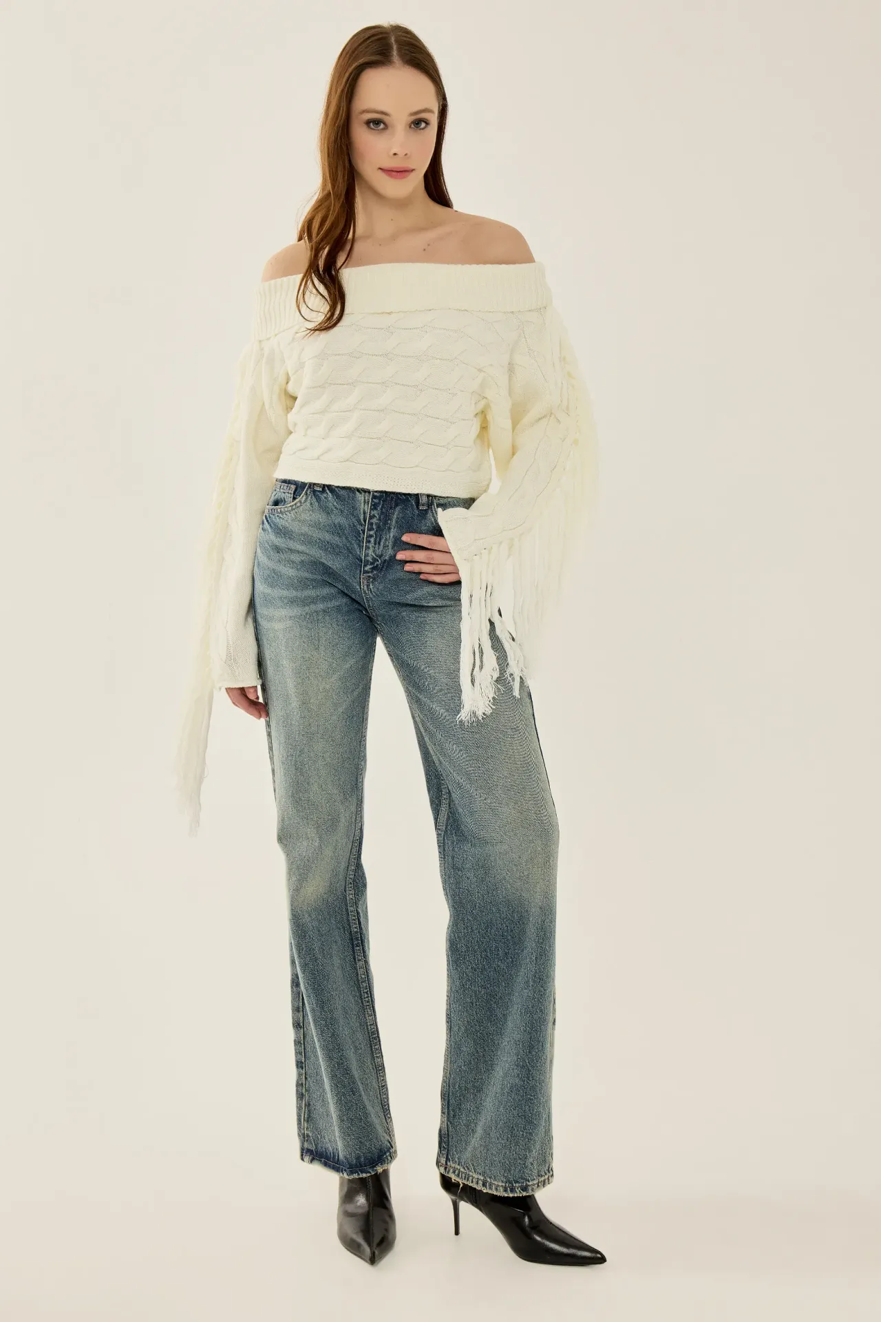 Off Shoulder Textured Knit Sweater with Tassels