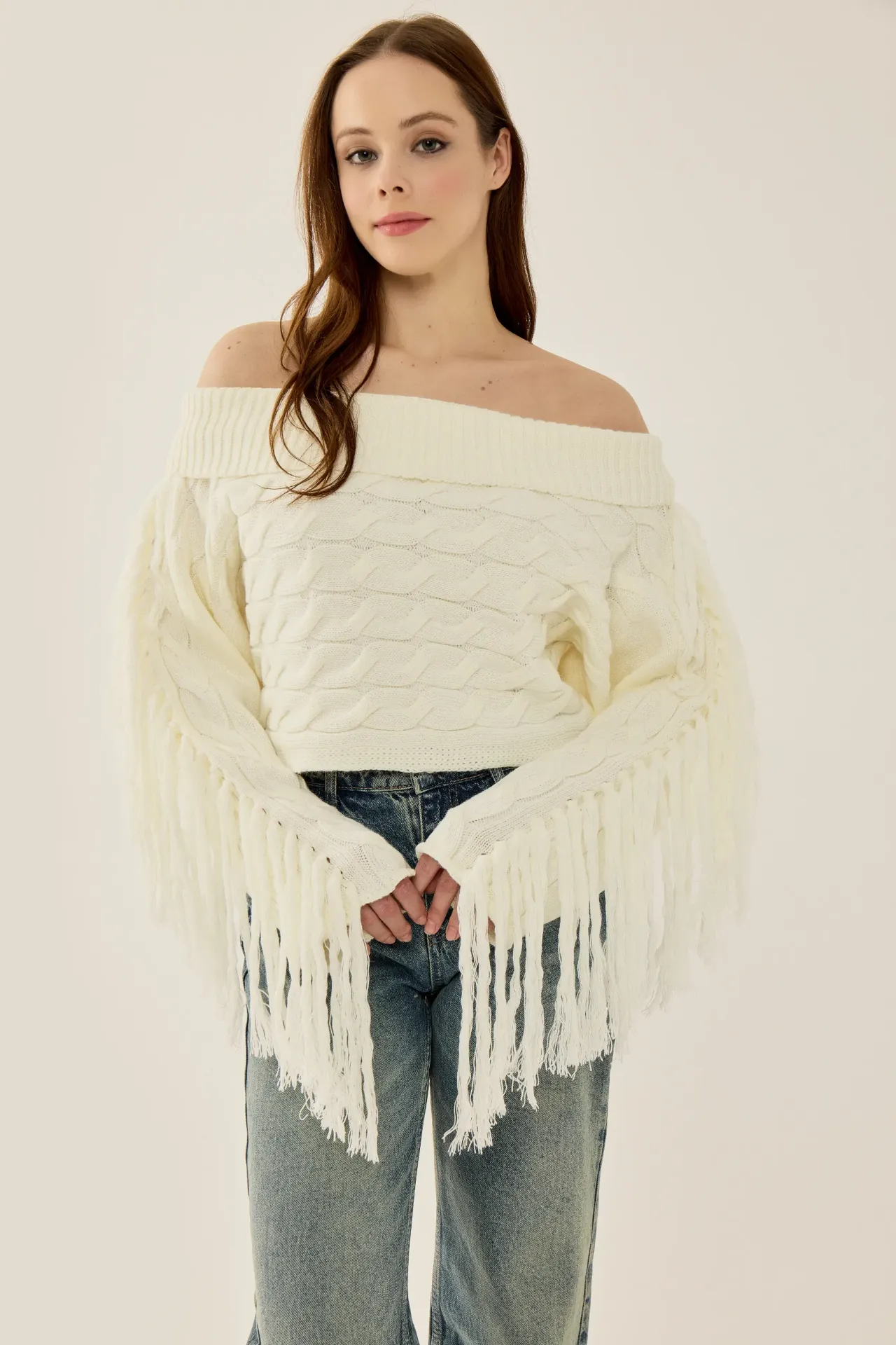 Off Shoulder Textured Knit Sweater with Tassels