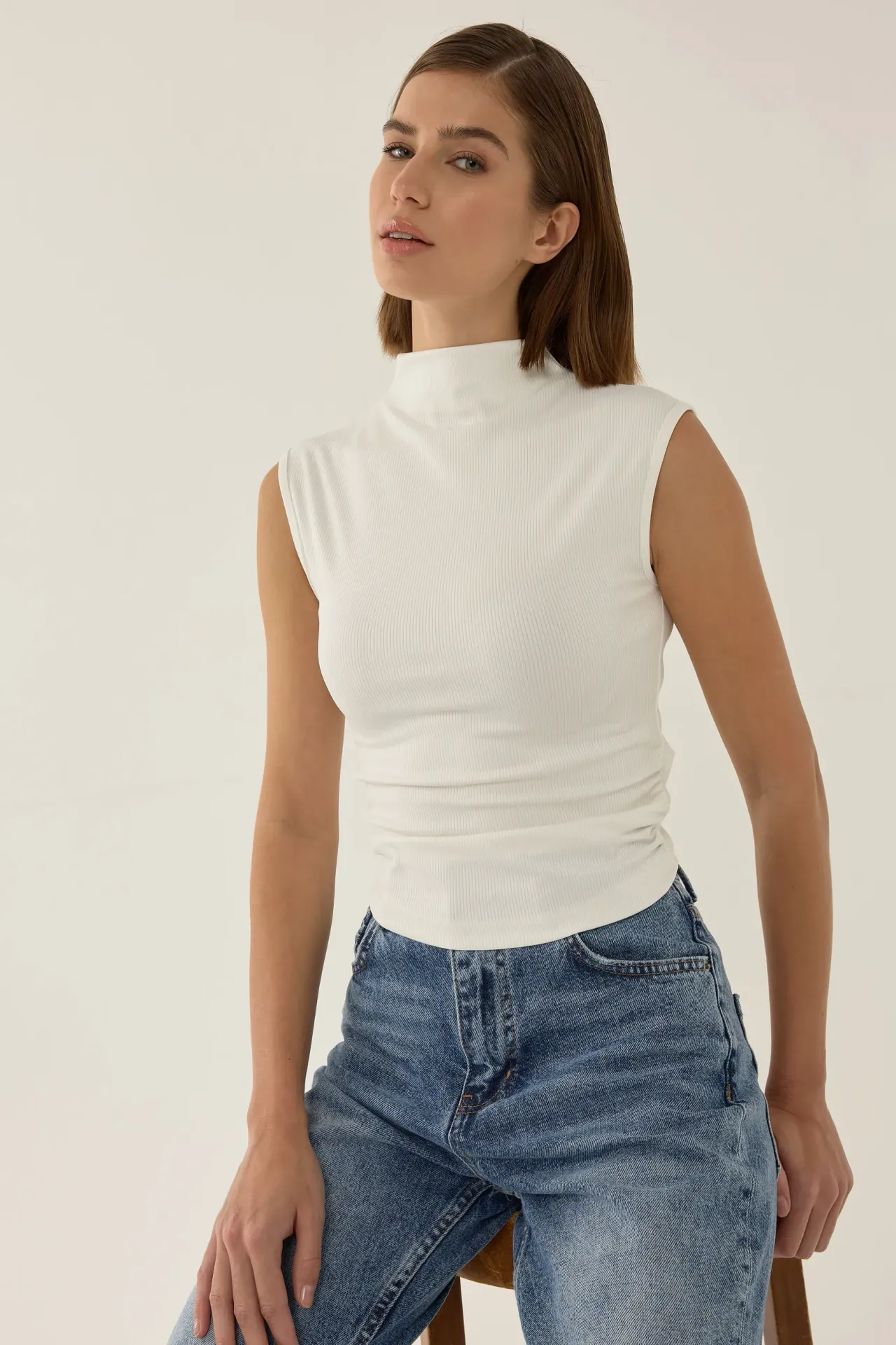 Ruched Half Turtleneck Crop Top