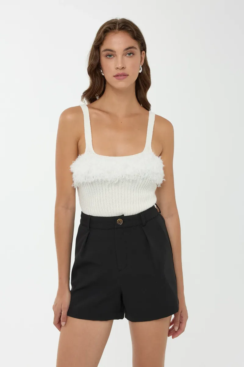 Slim Fit Square Neck Ribbed Knit Top with Fringe Detail 1