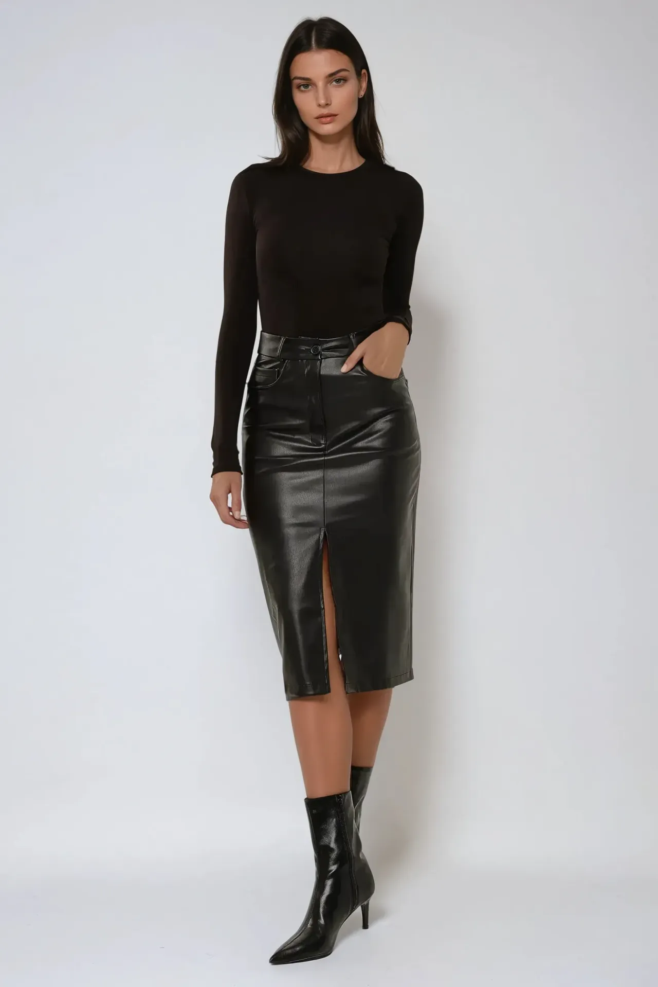 Faux Leather Midi Skirt with Slit