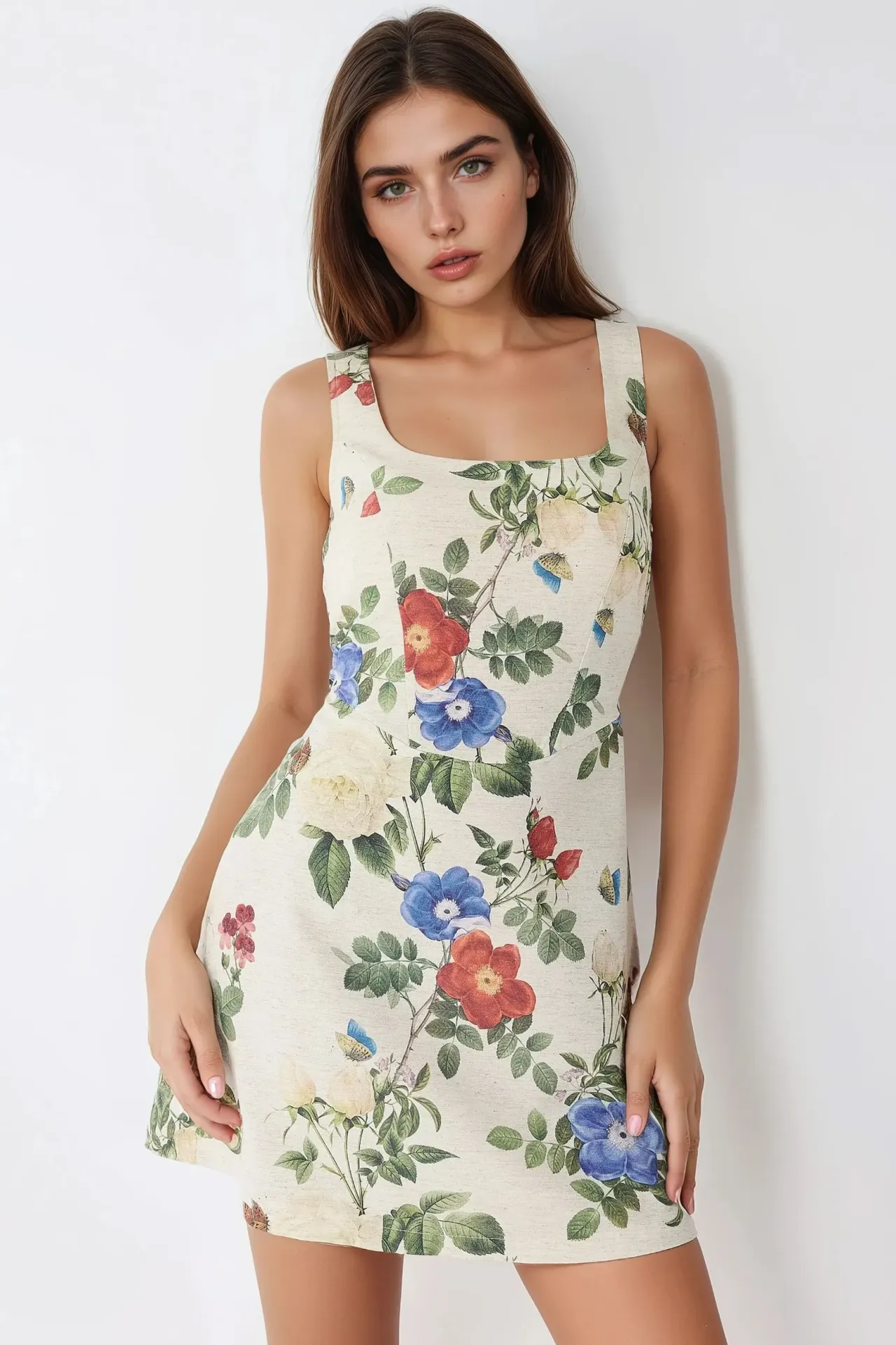 Square Neck Flower Pattern Linen Feel Mini Dress