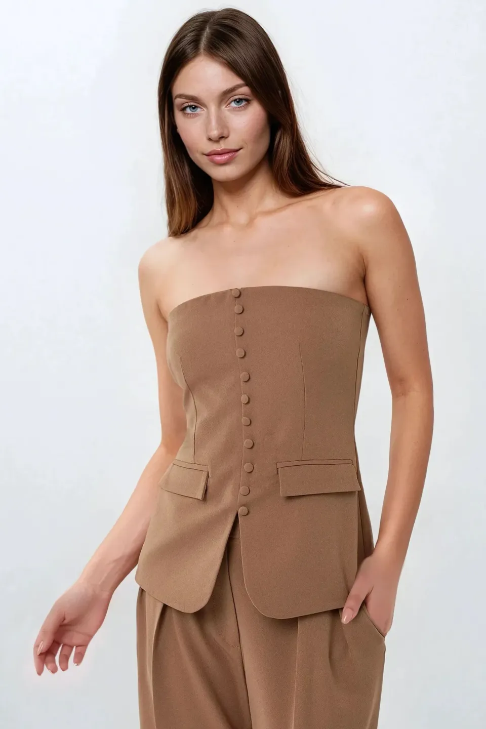 Strapless Slim Fit Top with Button Detail
