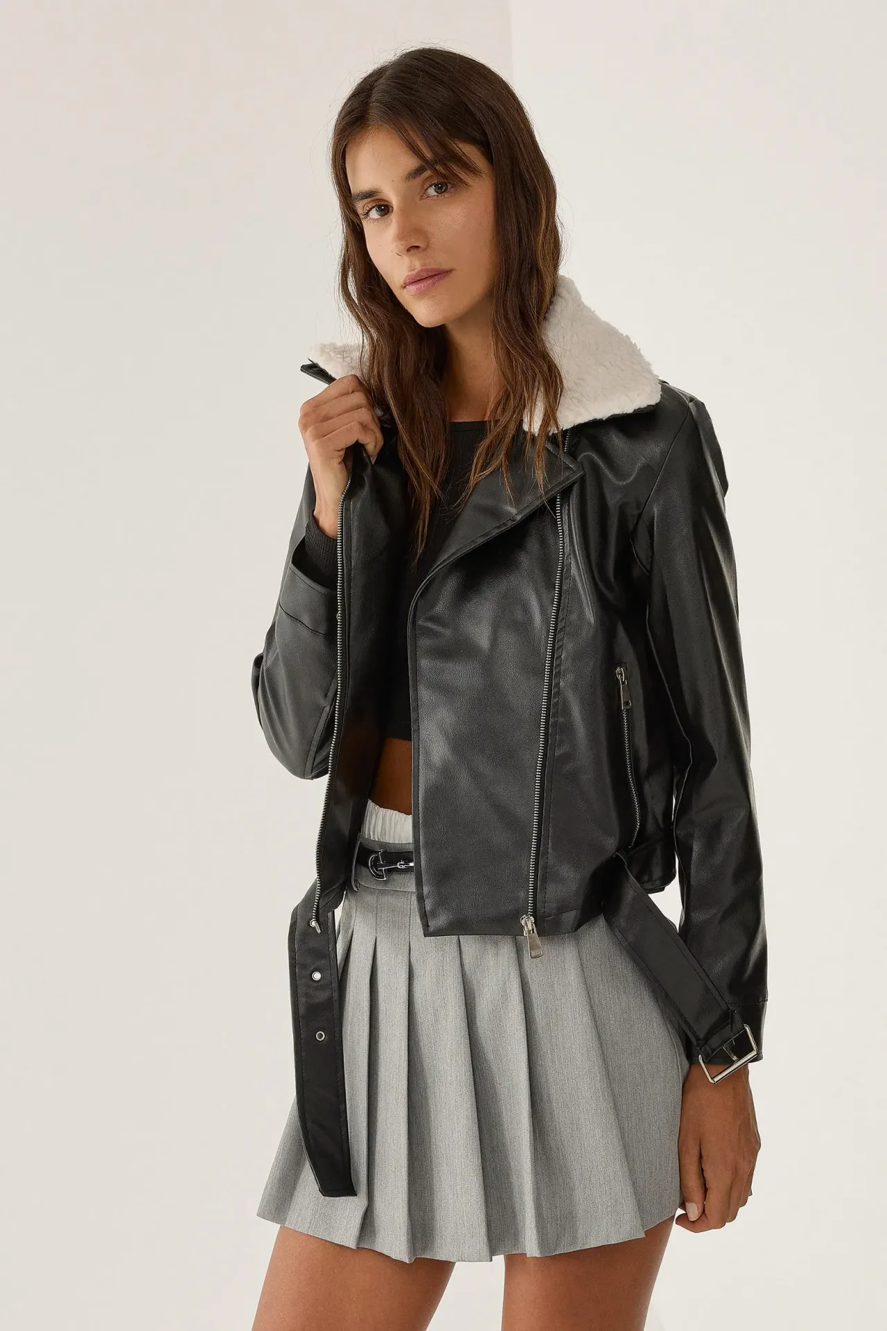 Faux Leather Faux Fur Collar Jacket