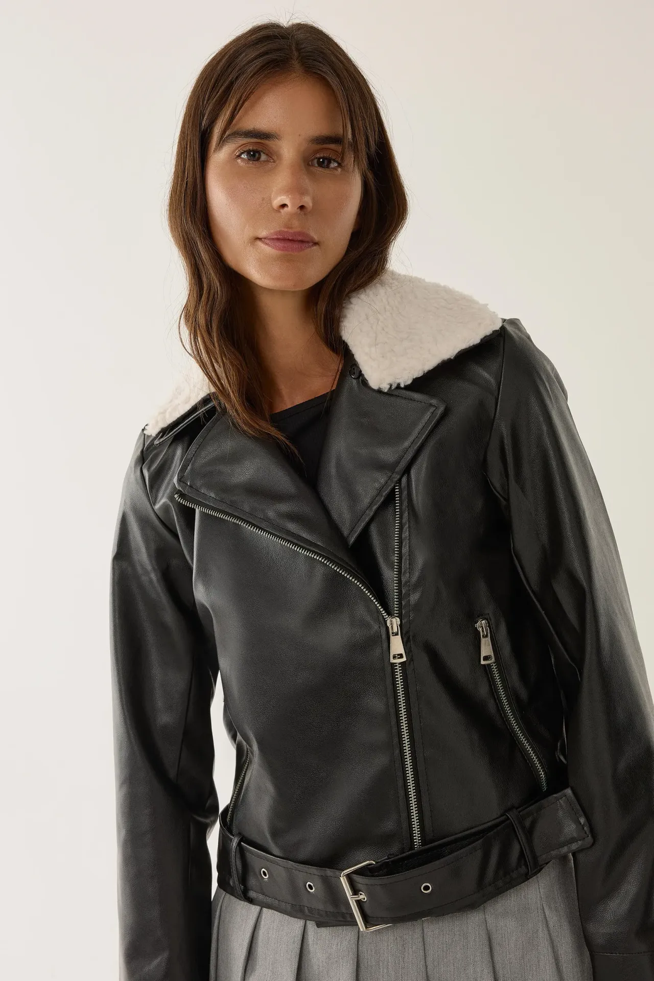 Faux Leather Faux Fur Collar Jacket