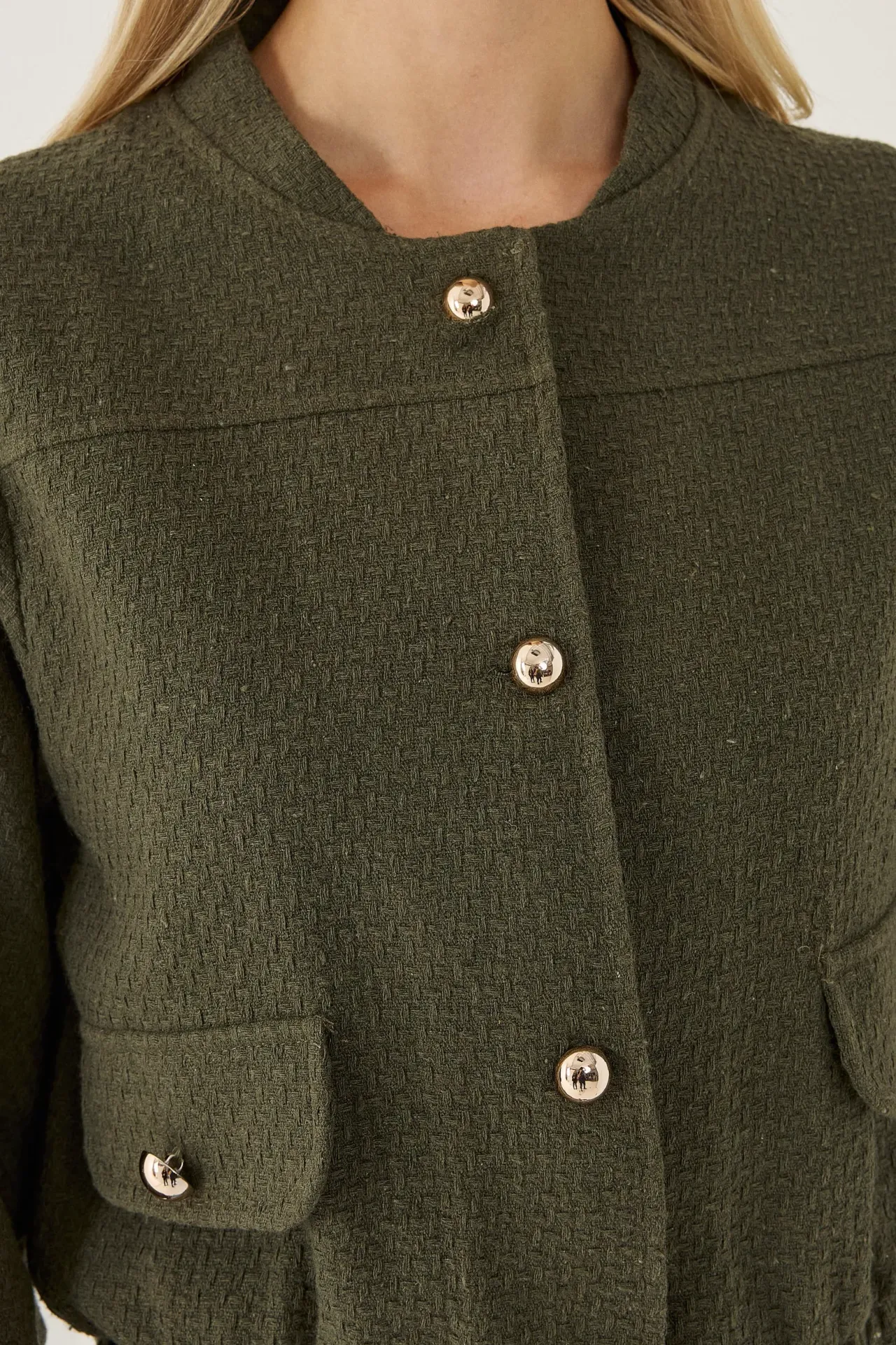 Tweed Round Neck Jacket with a Pocket Detail