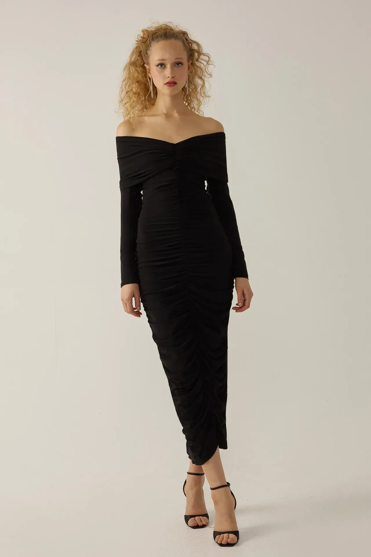 Off Shoulder Draped Bodycon Maxi Dress