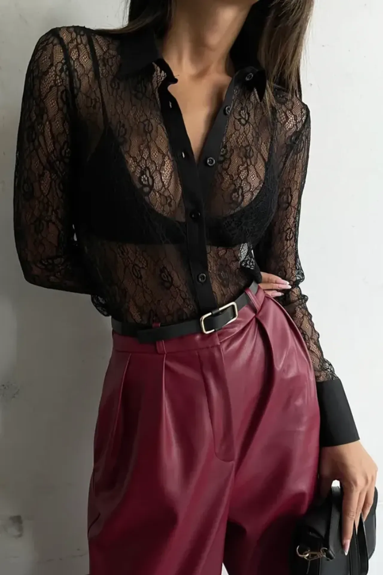 Polo Collar Lace Buttoned Blouse