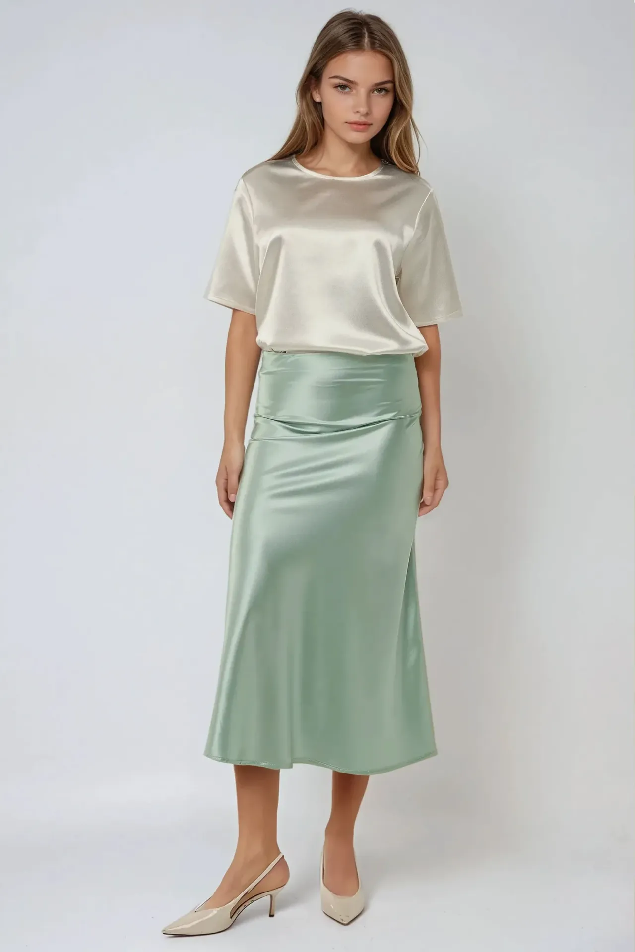 High-Waist Satin Midi Skirt