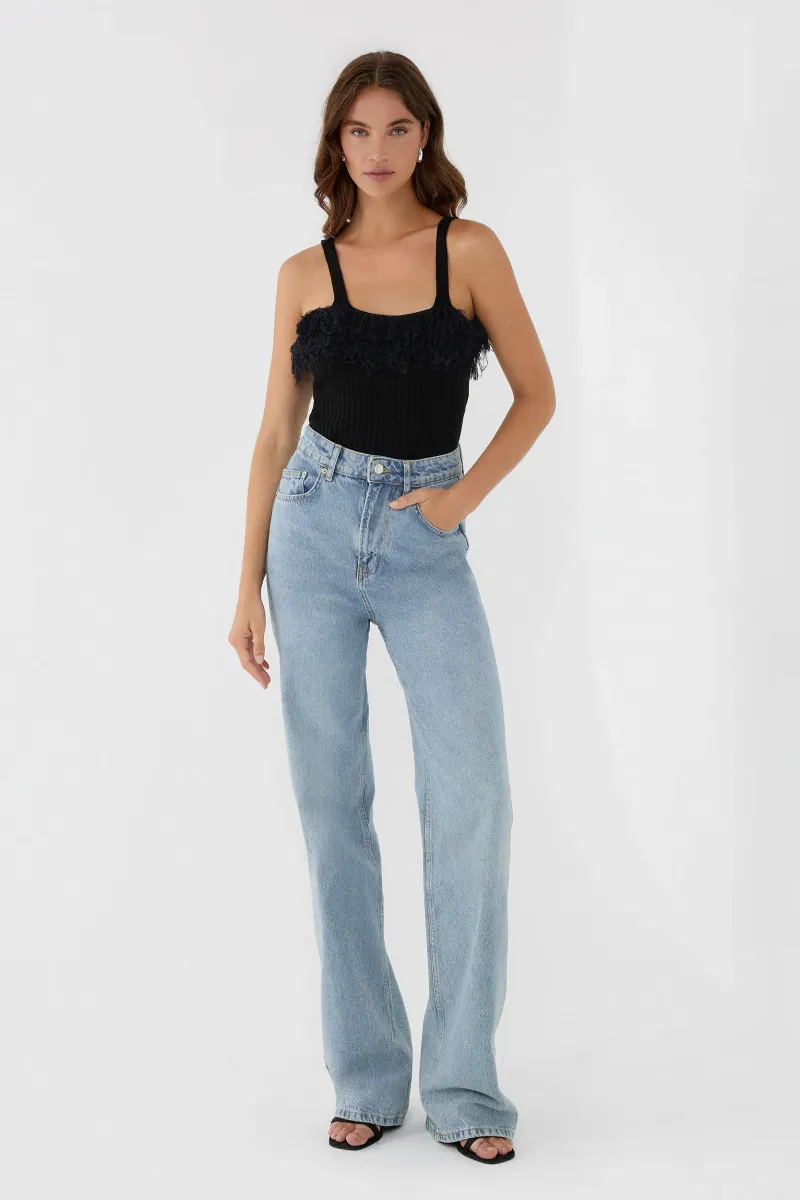 Slim Fit Square Neck Ribbed Knit Top with Fringe Detail 2