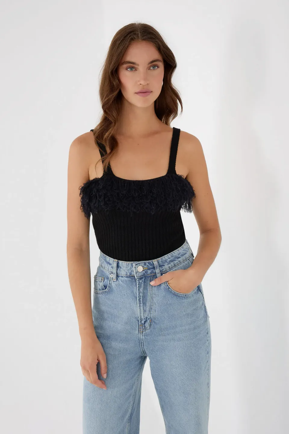 Slim Fit Crew Neck Knit Top with Plush Detail
