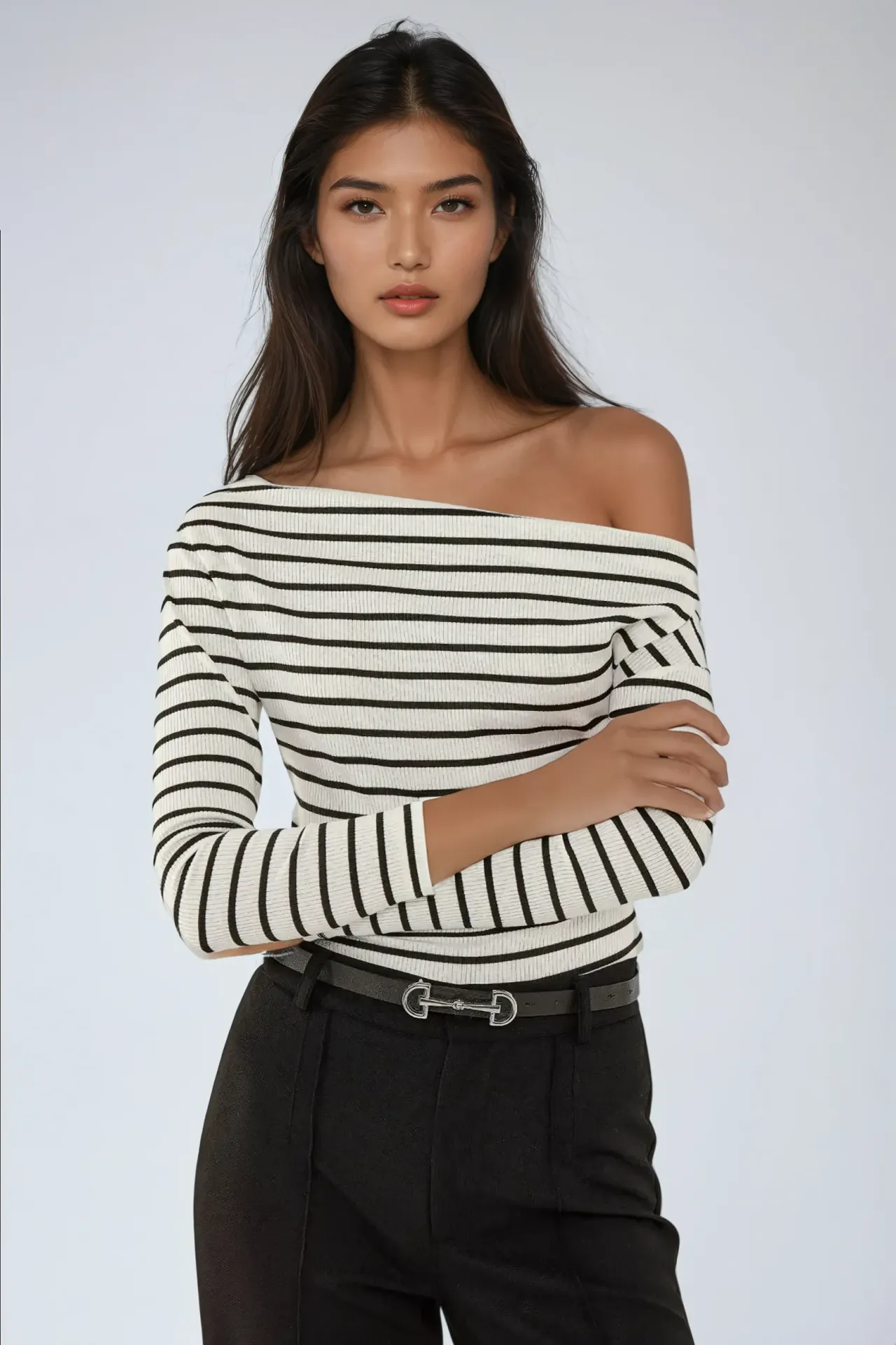 Striped Carmen Collar Long Sleeve Top