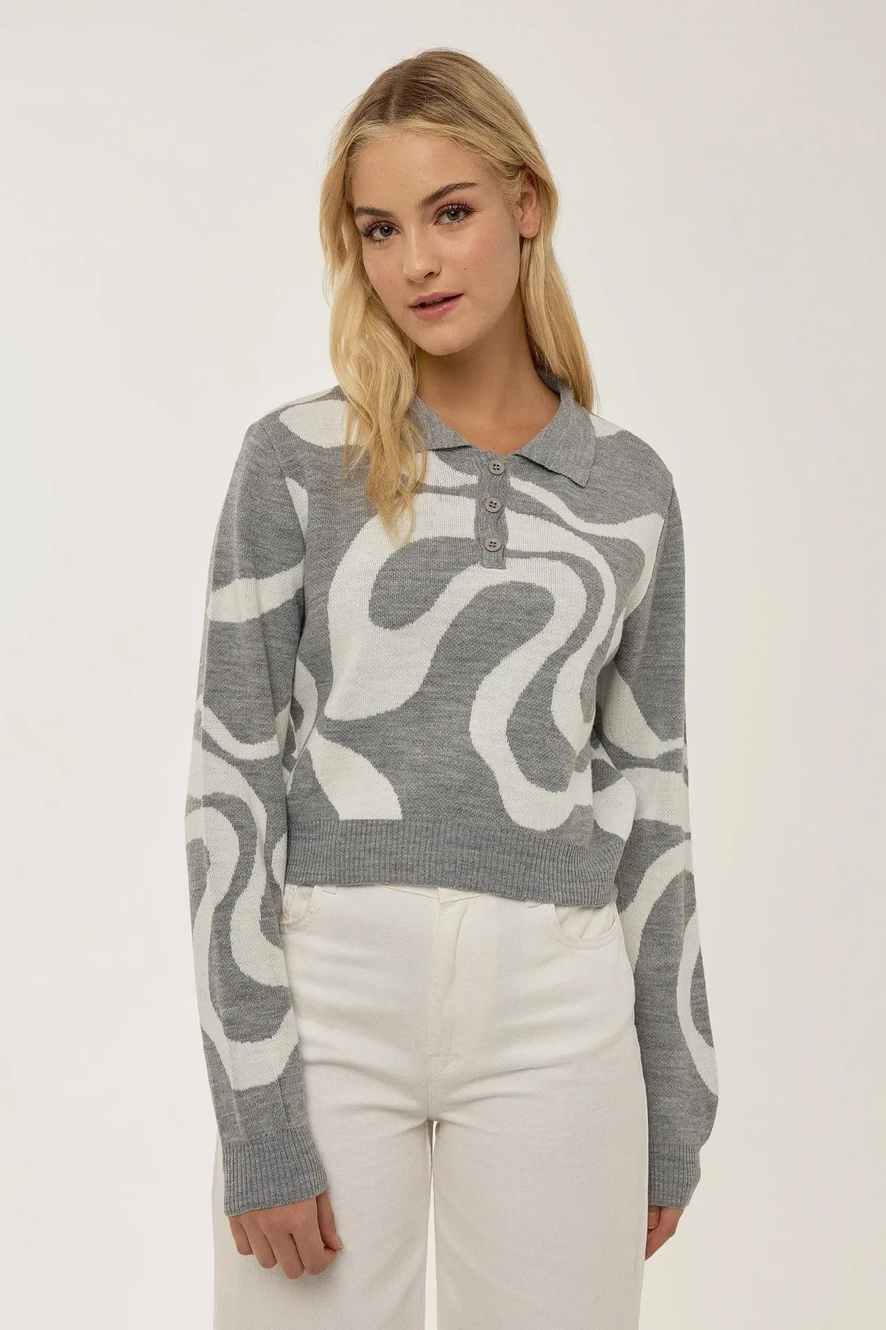 Polo Collar Jacquard Knit Sweater