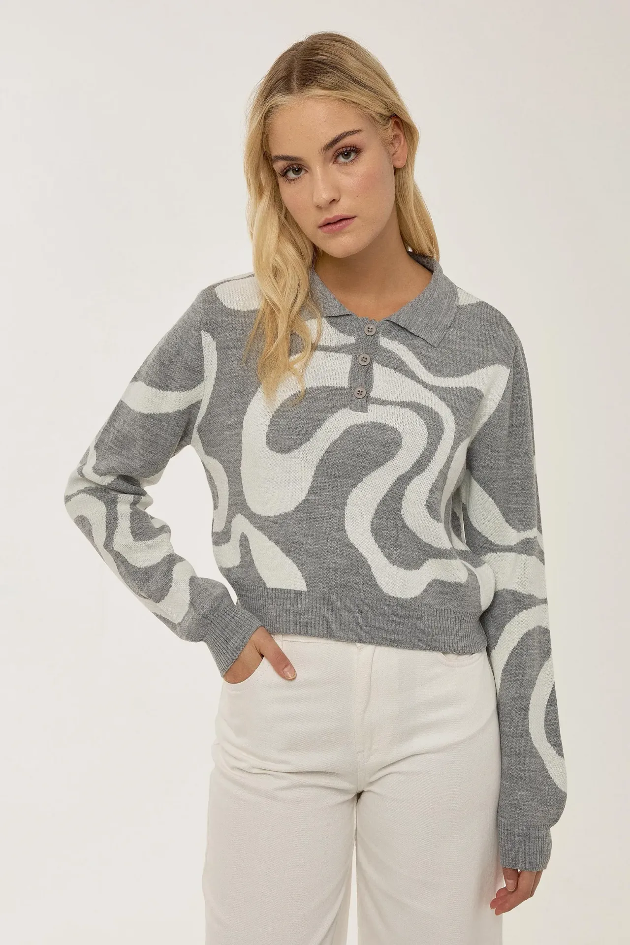 Polo Collar Jacquard Knit Sweater