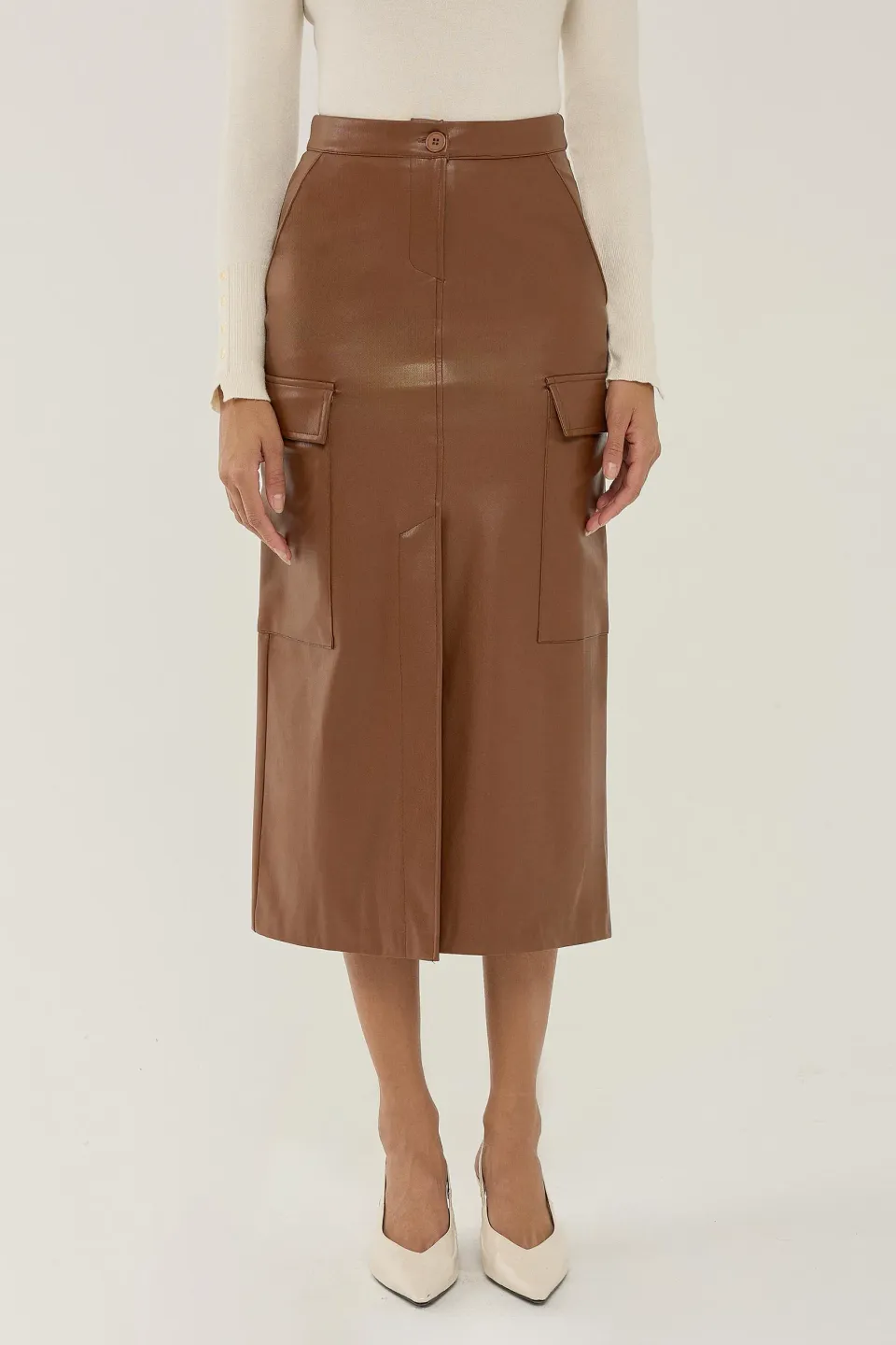 Faux Leather Pocket Detailed Midi Skirt