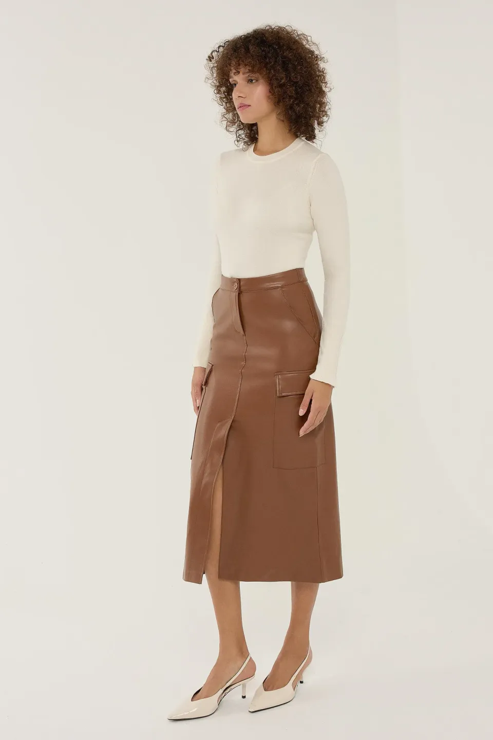 Faux Leather Pocket Detailed Midi Skirt