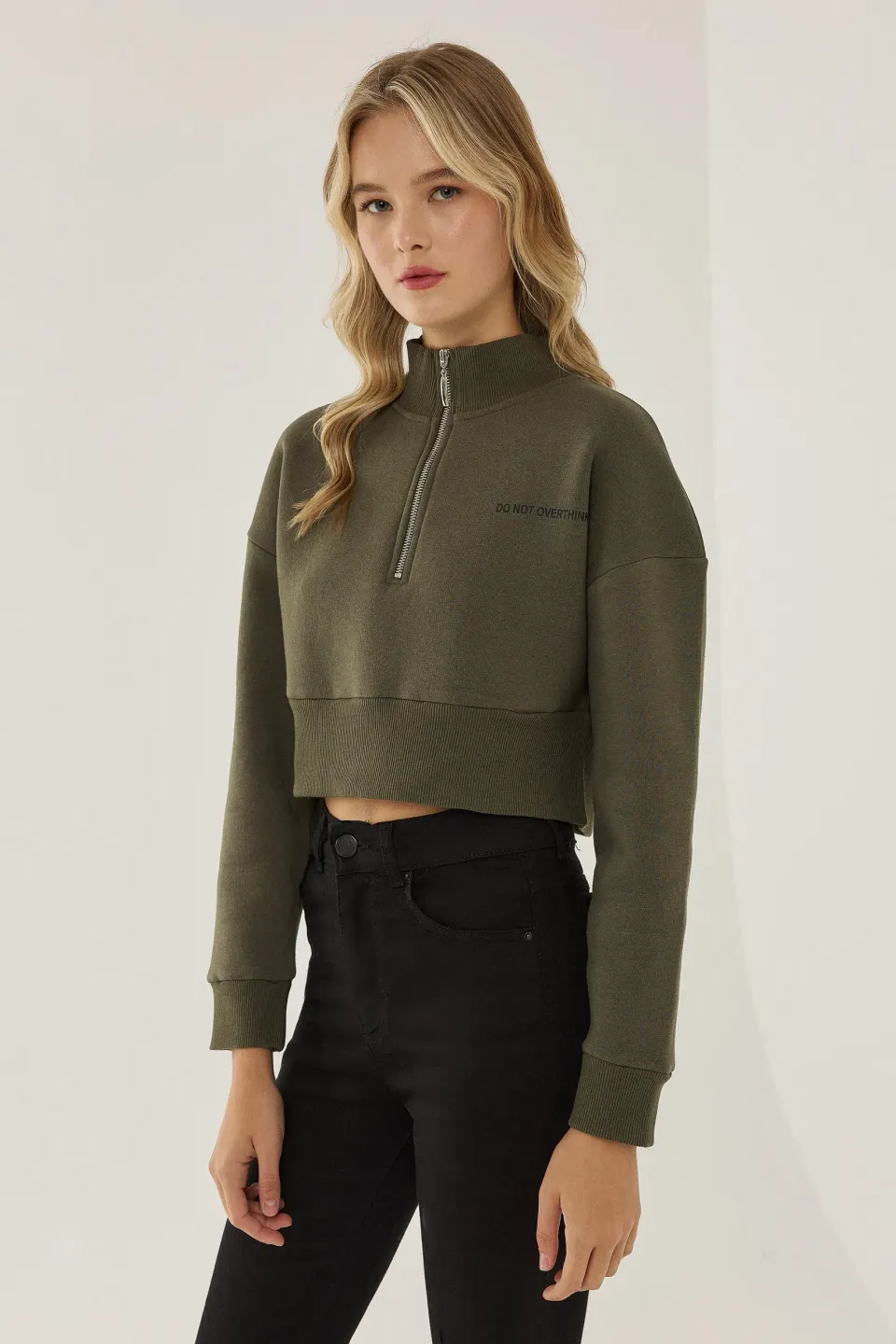 Zipper Collar Crop Slogan Sweatshirt