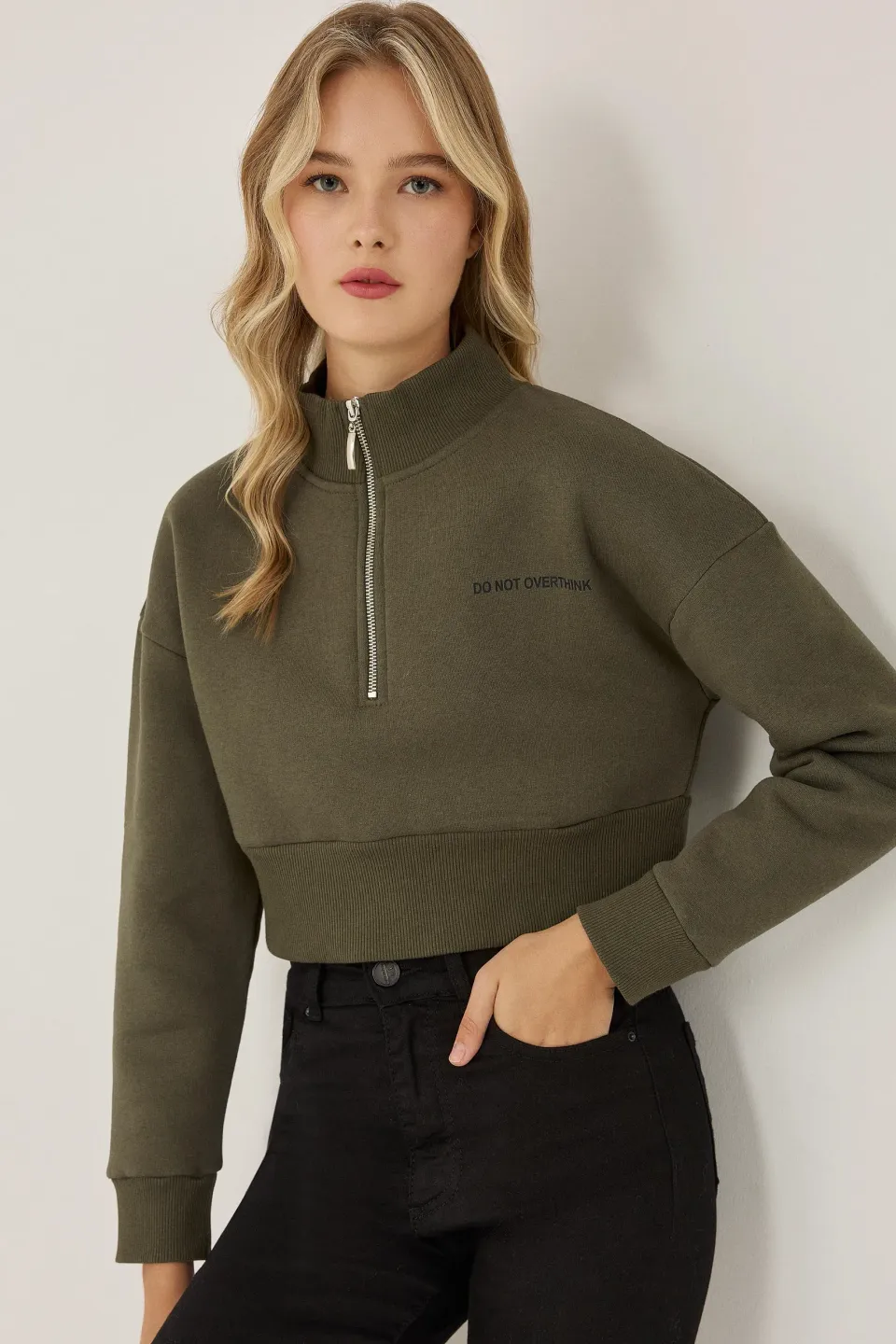 Zipper Collar Crop Slogan Sweatshirt