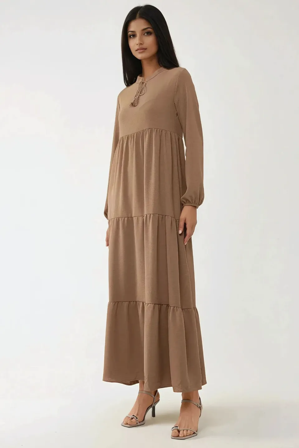 Textured Crew Neck Maxi Dress with Buttons
