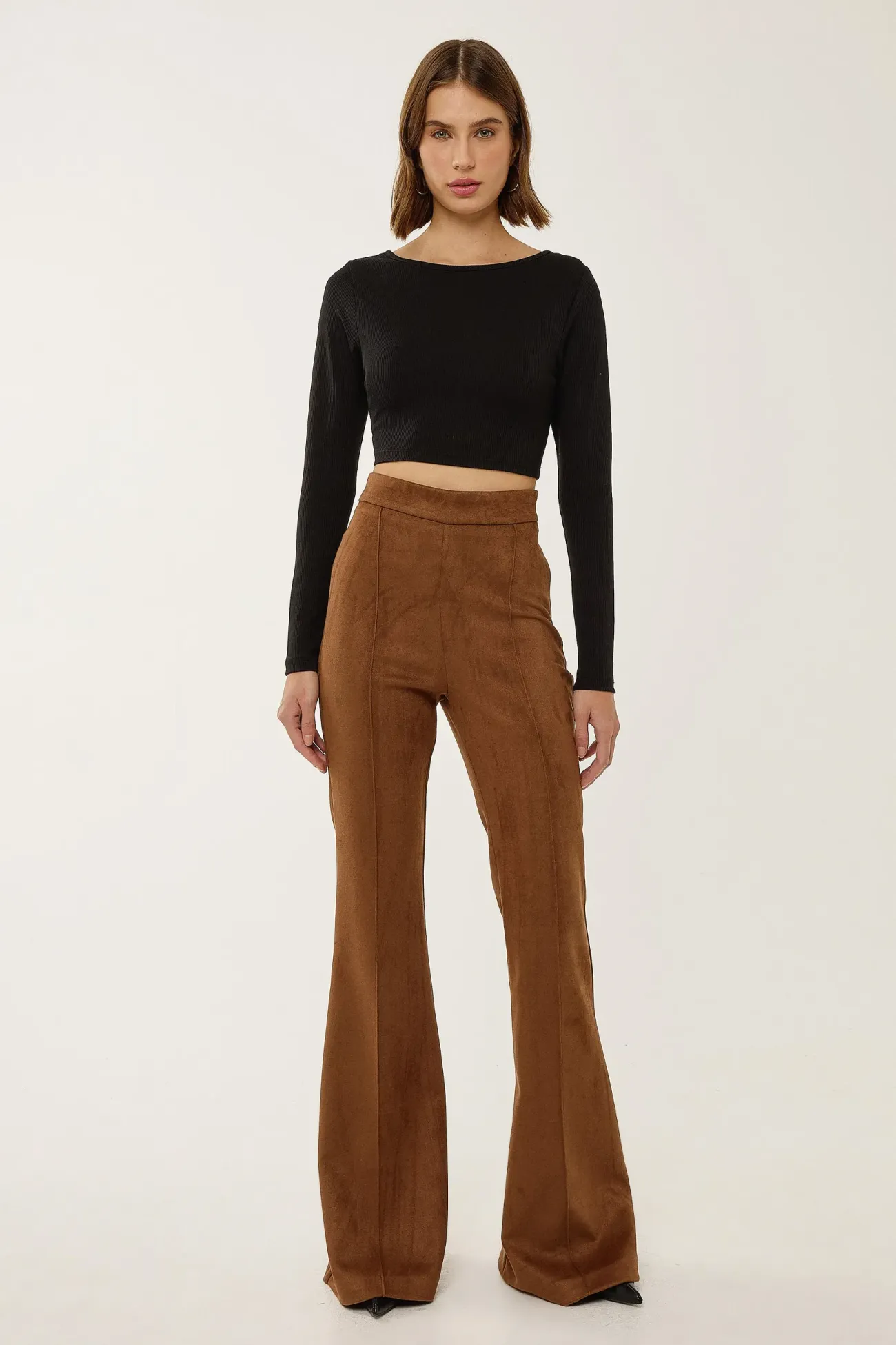 High Waist Suede Wide Leg Pants with Pintuck 1