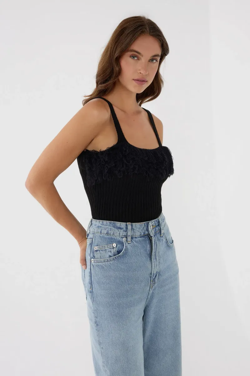 Slim Fit Square Neck Ribbed Knit Top with Fringe Detail 3