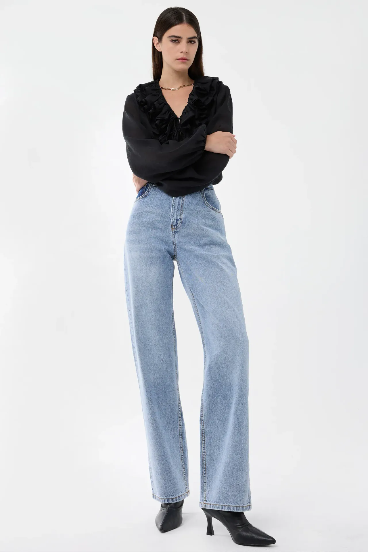High-Waist Straight-Leg Washed Pants