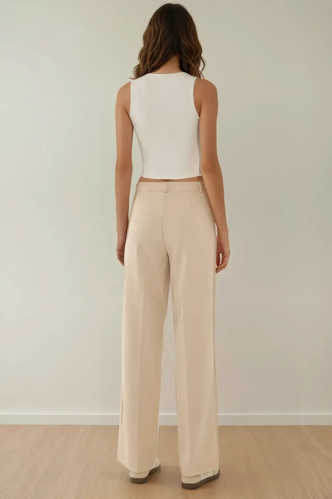 Mid Waist Pleated Straight Fit Pants