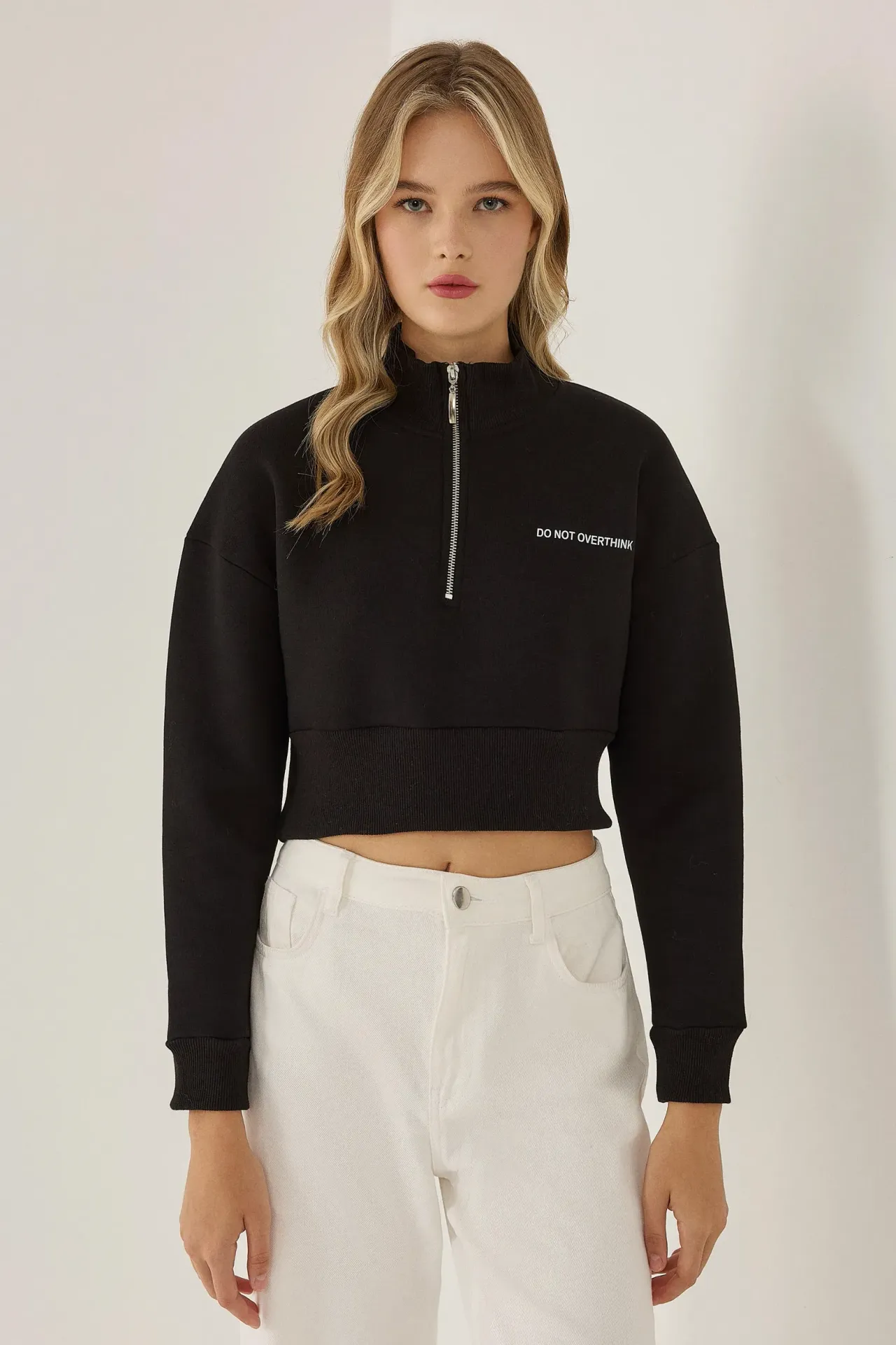 Zipper Collar Crop Slogan Sweatshirt