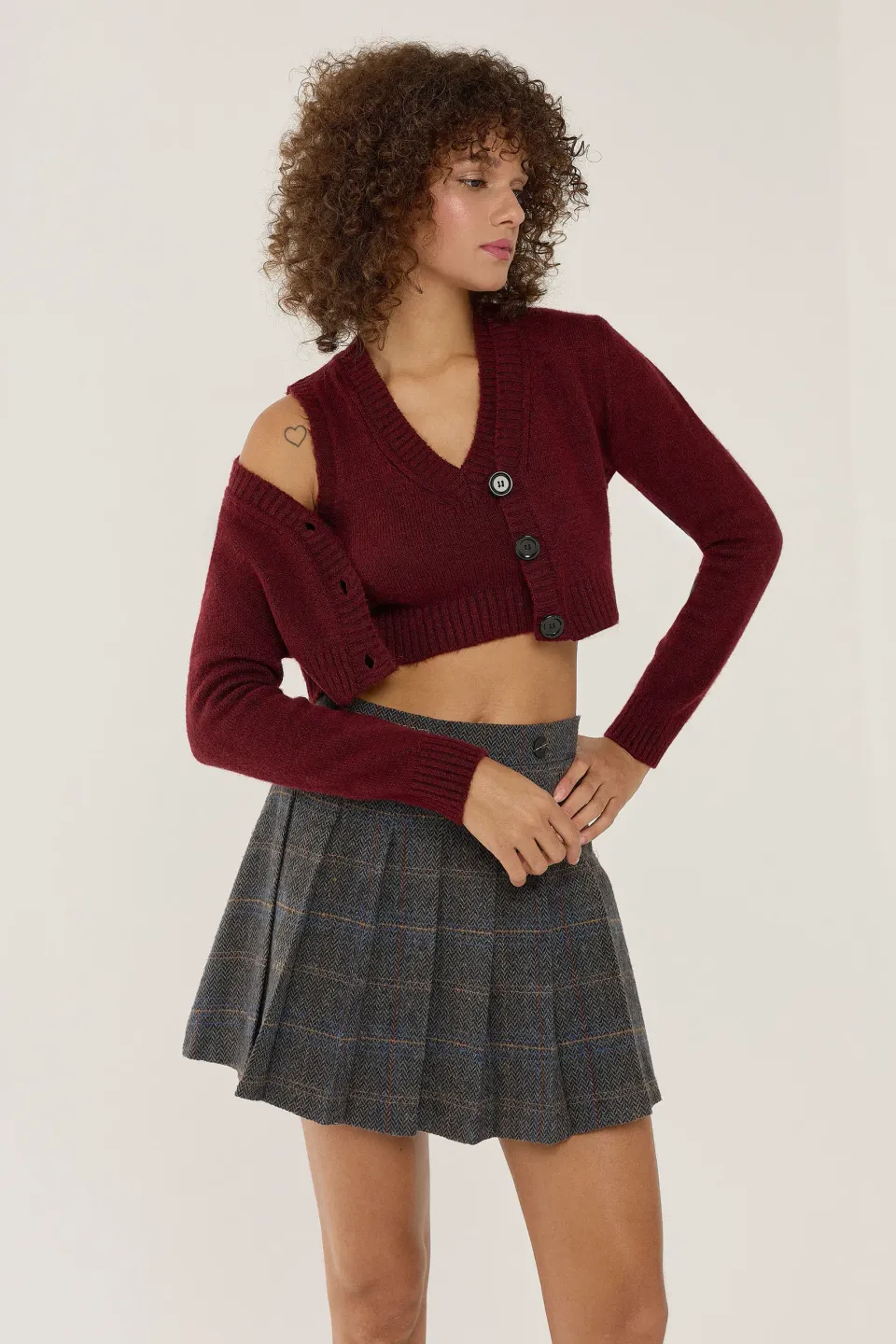 Knitted V-Neck Two Pieces Set with Button Detail