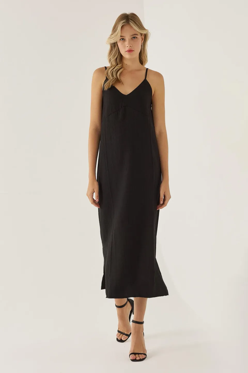 Solid Woven Sleeveless Maxi Dress with Spaghetti Straps