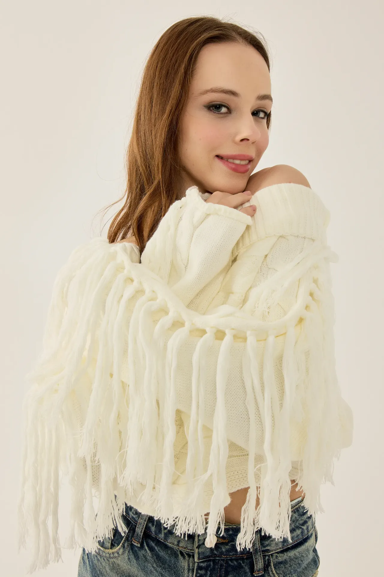 Off Shoulder Textured Knit Sweater with Tassels