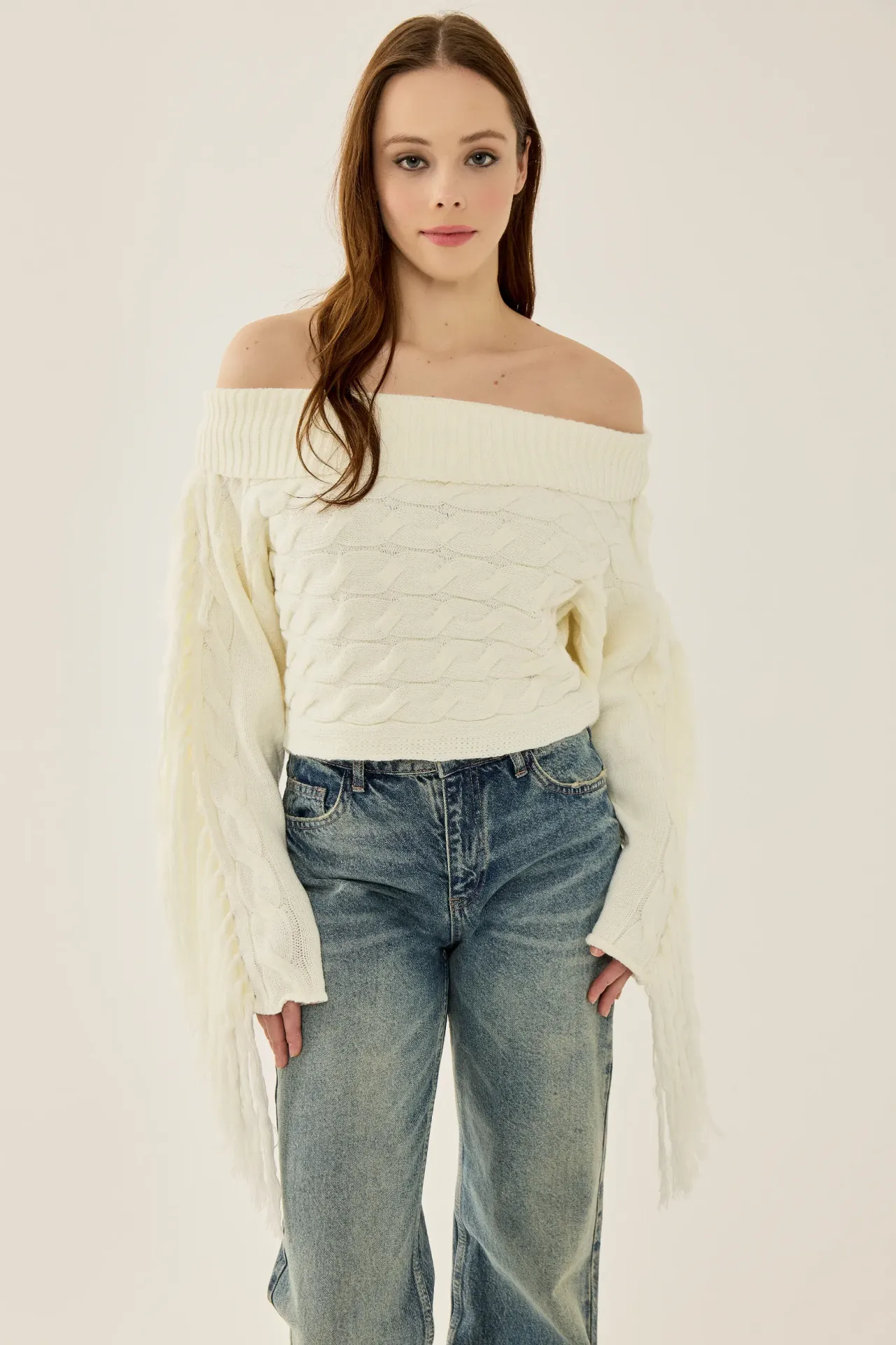 Off Shoulder Textured Knit Sweater with Tassels