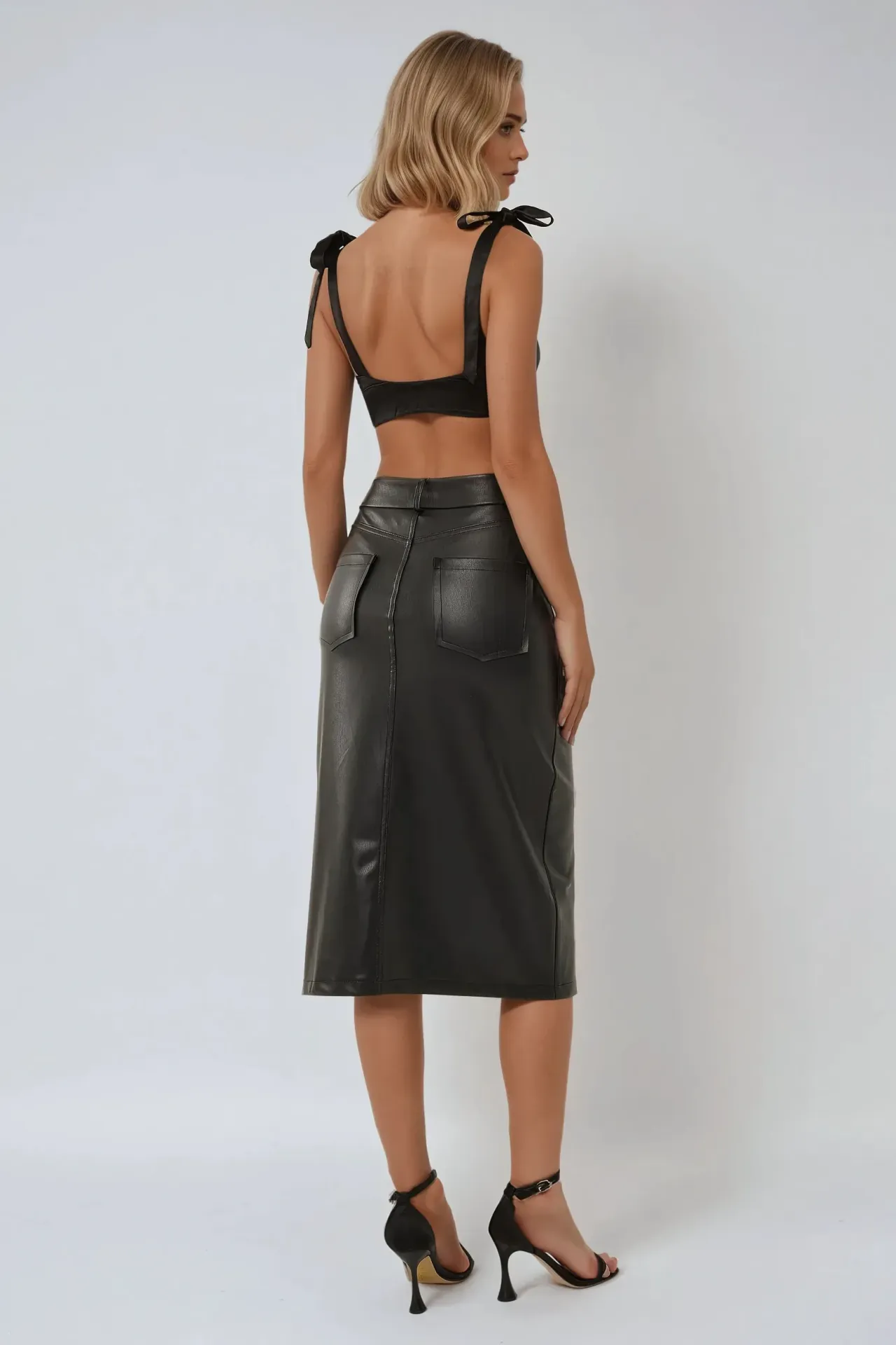 Faux Leather Midi Skirt with Slit