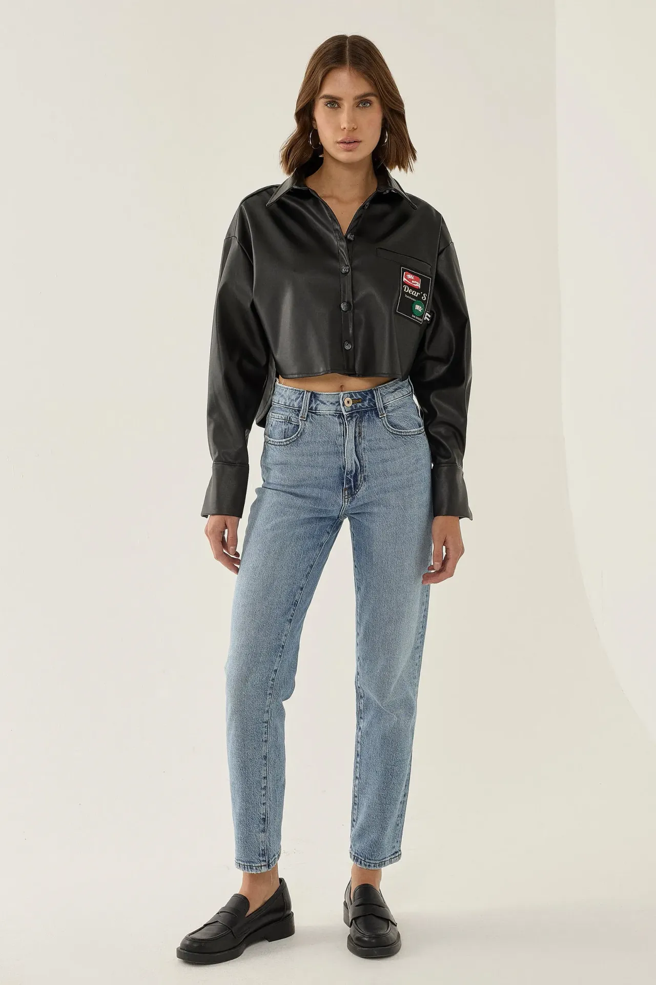 Faux Leather Relaxed Fit Crop Shirt with Applique