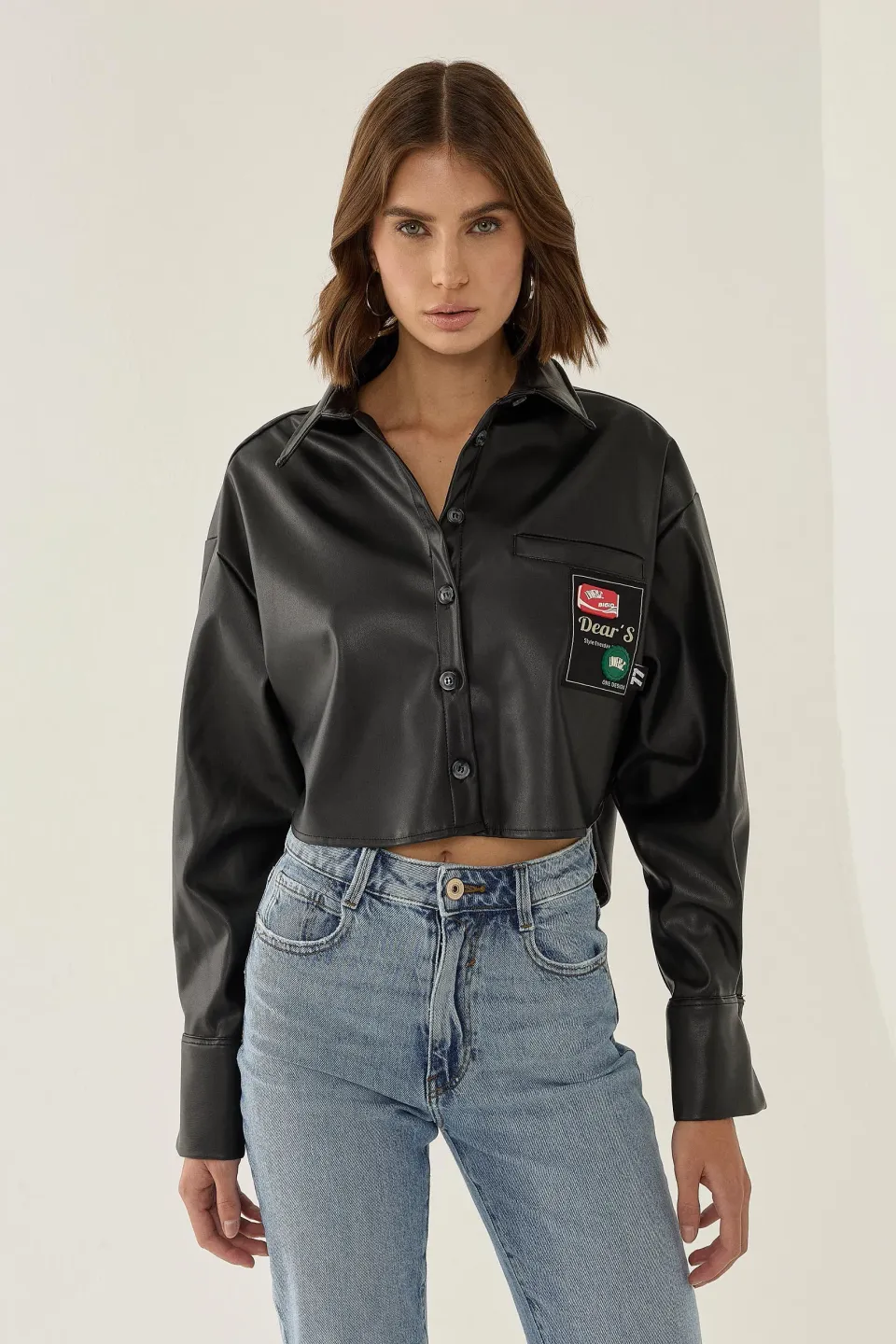 Faux Leather Relaxed Fit Crop Shirt with Applique