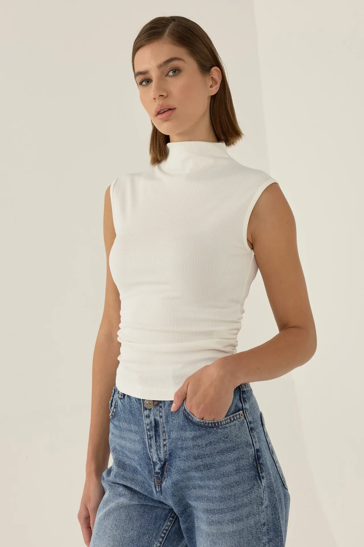 Ruched Half Turtleneck Crop Top