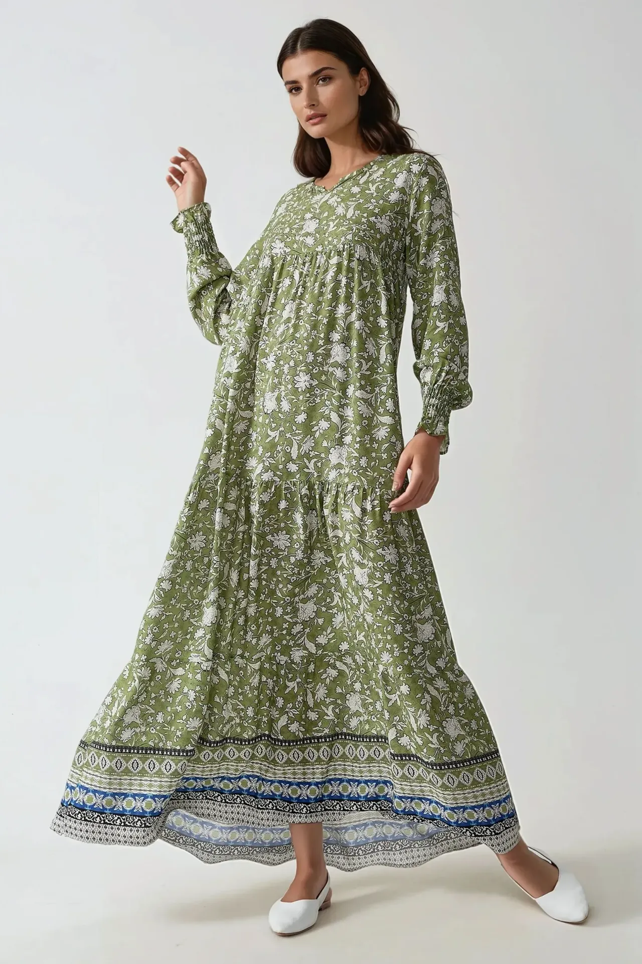 Printed Viscose Maxi Dress with Crew Neck