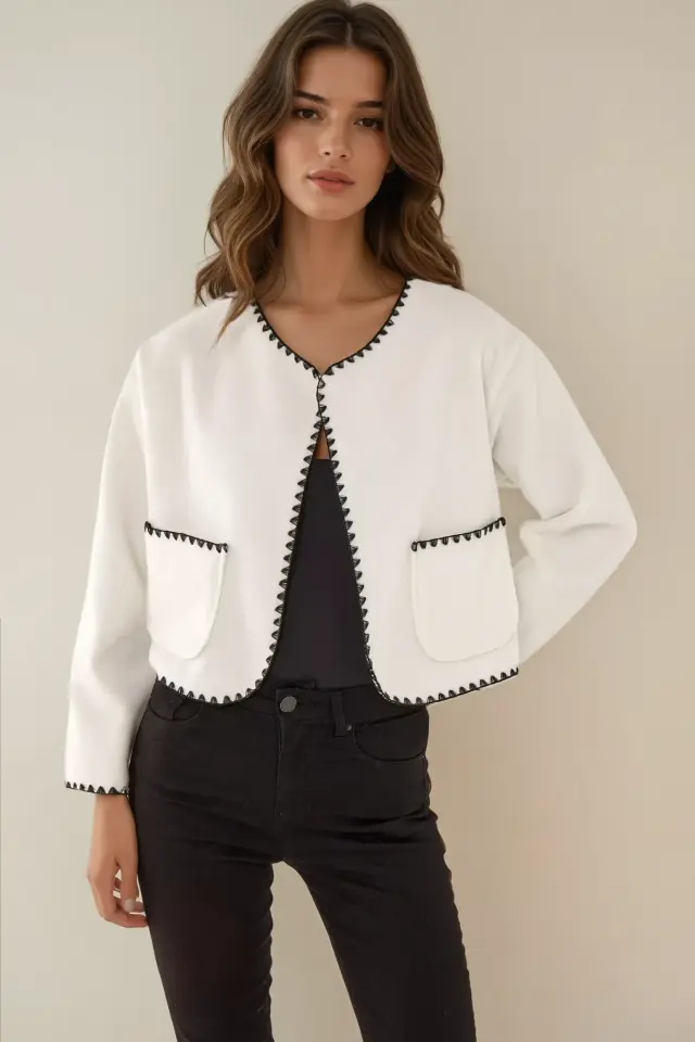 Collarless Jacket with Contrast Stitch