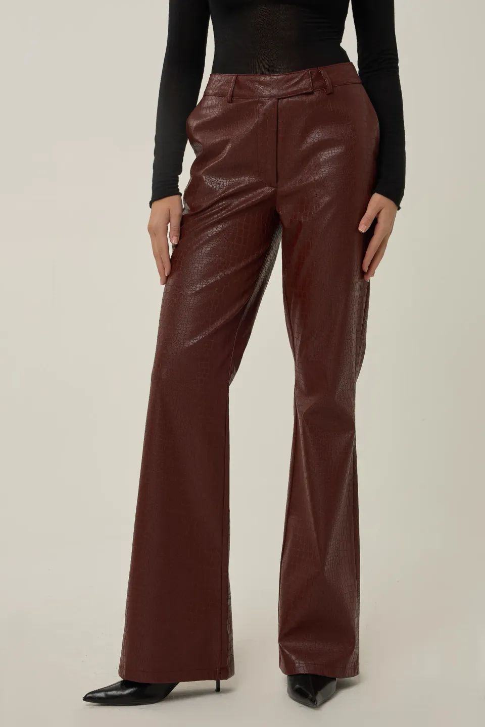  Snake Effect Faux Leather Flare Trousers