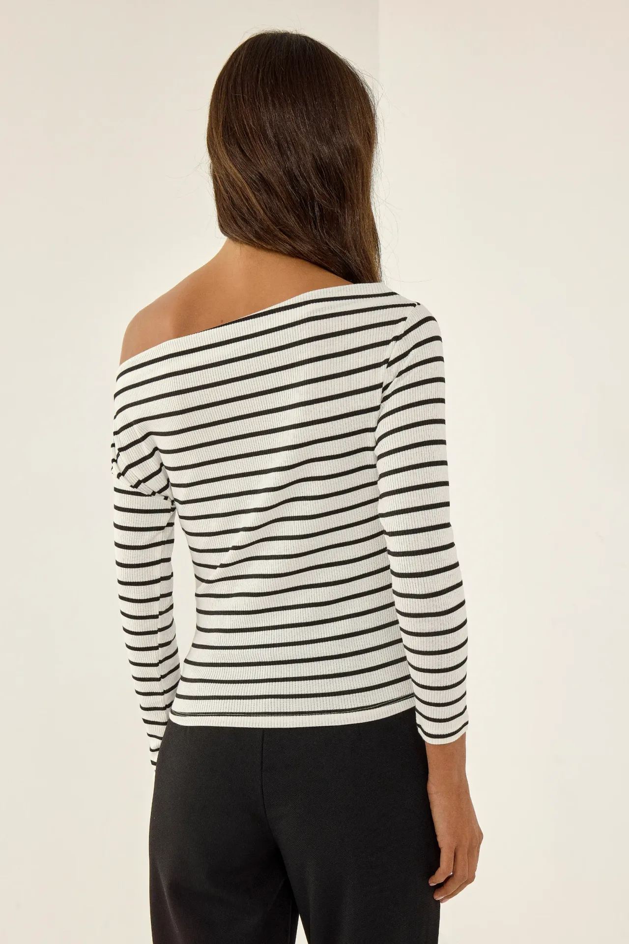 Striped Carmen Collar Long Sleeve Top