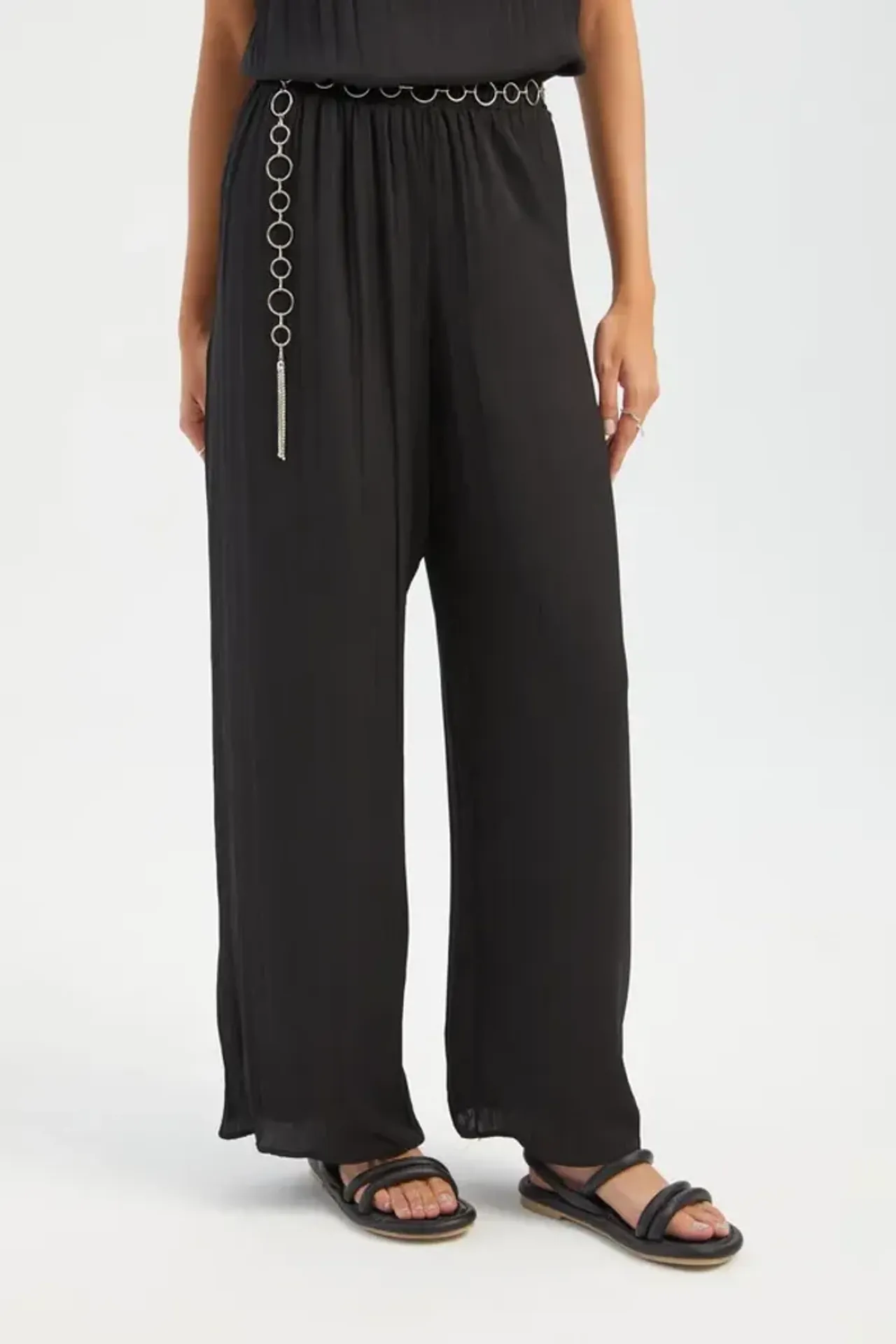 Plisse High Waist Straight Leg Trousers