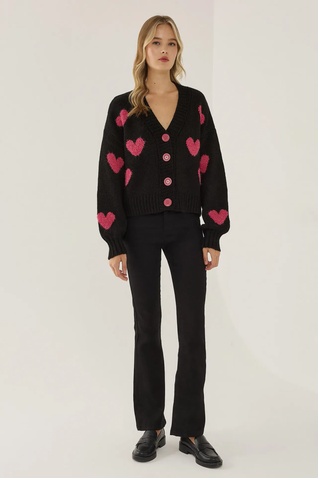Heart Patterned Relaxed Fit Cardigan